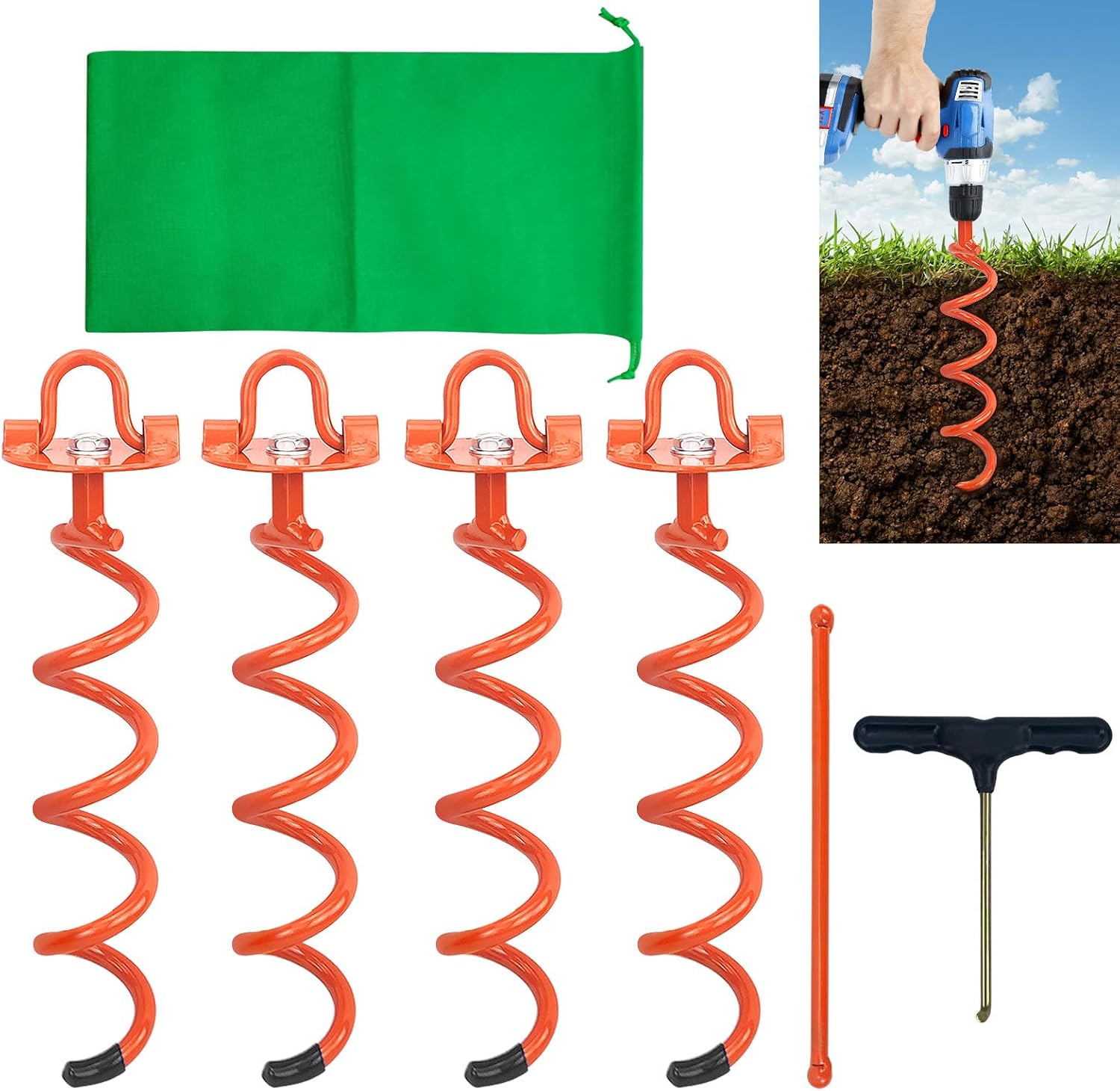MIXXIDEA 11.4 Inch Gound Anchors Screw in, Metal Spiral Earth Anchors Kit, Heavy Duty Folding Ring Spiral Stake, Silver Ground Stakes for Tent