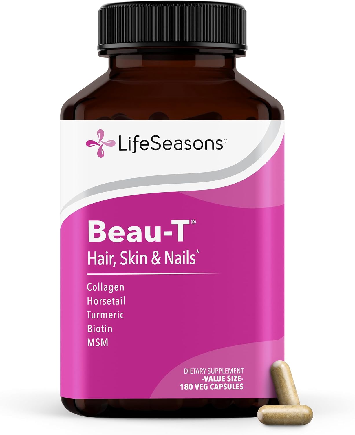 LifeSeasons Beau-T - Hair, Nail & Skincare Supplement - Promotes Healthy Hair and Nail Growth - Support Clear Skin & Fights Acne - Nail Strengthener - Contains Biotin Collagen Turmeric - 90 Capsules