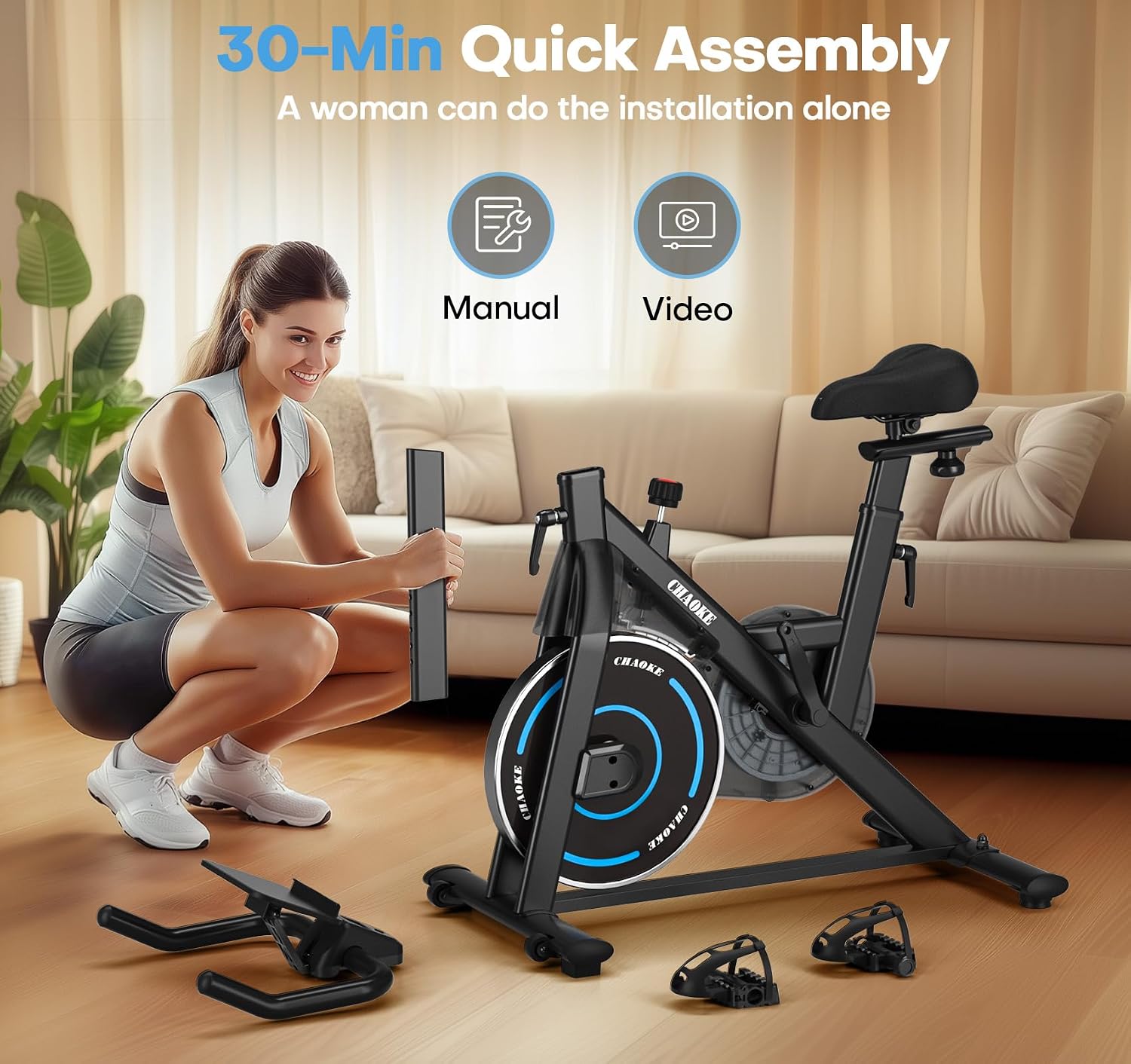 Exercise Bike, CHAOKE Quiet Magnetic Resistance 300LB Capacity Stationary Bike for Home with App Compatible