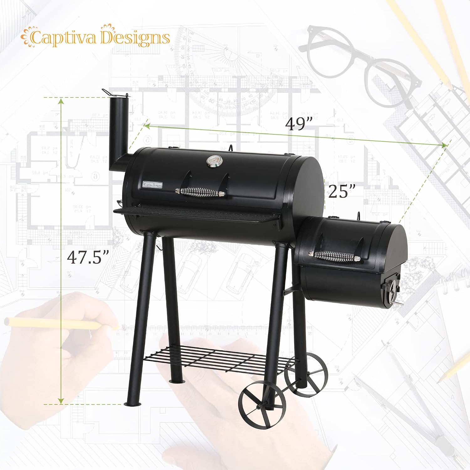 Captiva Designs Vertical Charcoal Smoker Grill Extra Large Barbecue Grill | 961 SQ.IN Outdoor Barrel BBQ Meat Smoker with 5 Removable Smoking Grates & Built-in Hooks for Outdoor Backyard Cooking