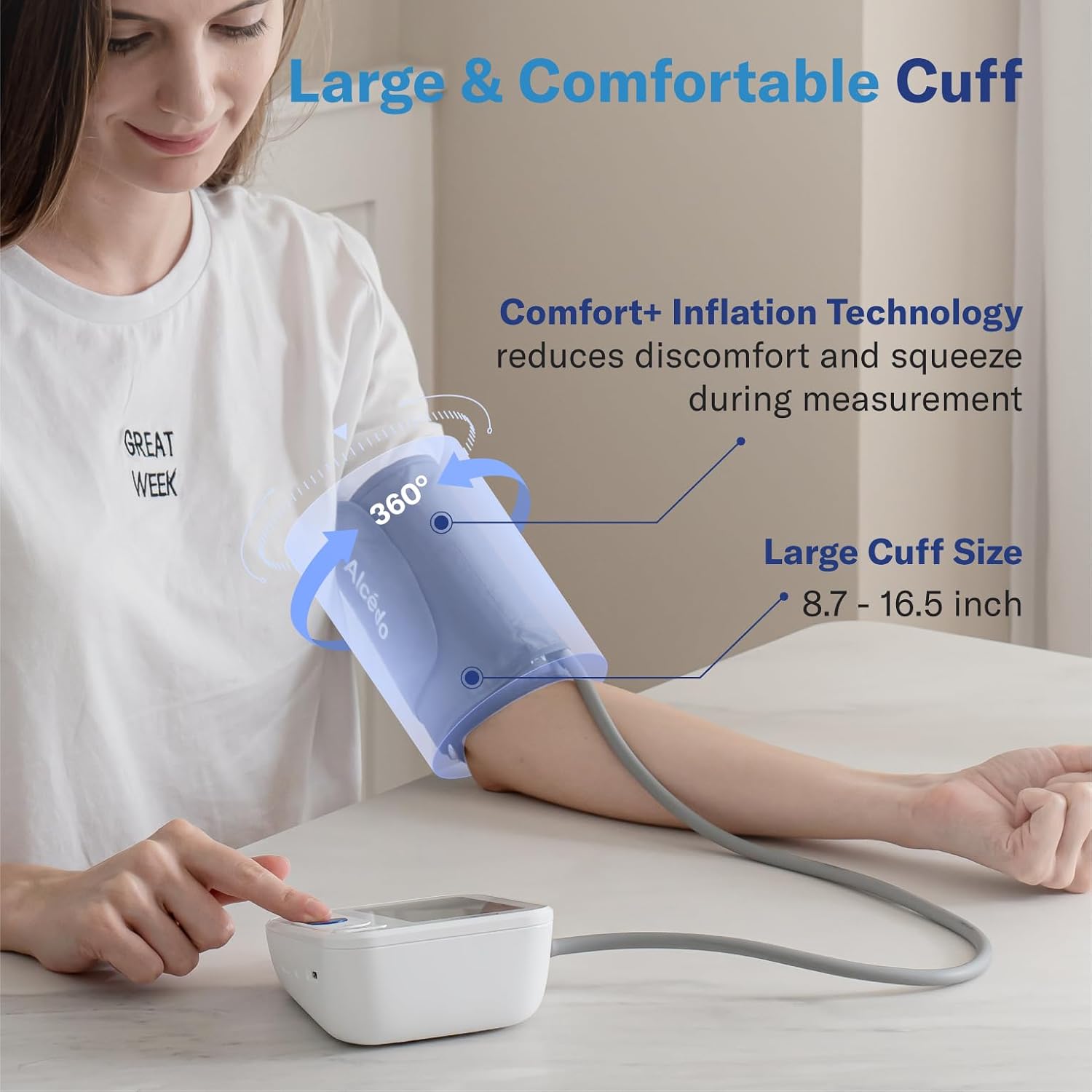 Alcedo Blood Pressure Monitor for Home Use, Upper Arm Cuff BP Machine | Large LCD Screen, Talking Function, 2x120 Memory, Large Cuff (8.7–16.5"), Batteries+USB Cable