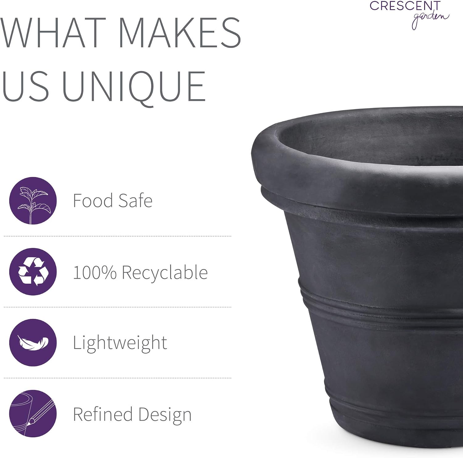 Crescent Garden Brunello Classic Gray Rolled Rim Planter Pot, Lightweight Indoor/Outdoor Weather-Safe Round Plant Pot, 27''W (Weathered Concrete)