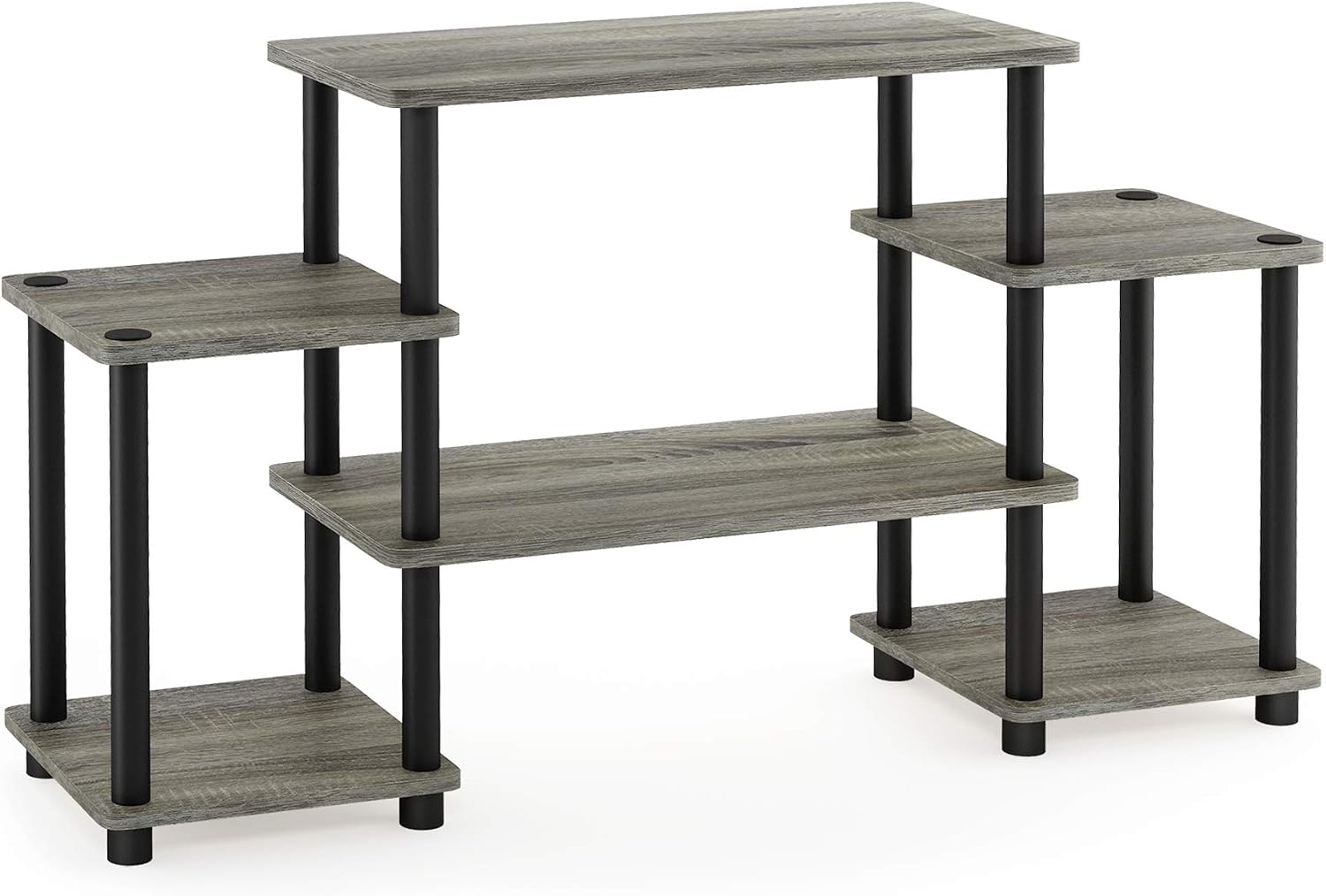 Furinno Turn-N-Tube No Tools Entertainment Center, Round Square Corner, French Oak Grey/Black | Raised Top, Open Shelves TV Console with for TV up to 32 Inch, for Living Room, Bedroom