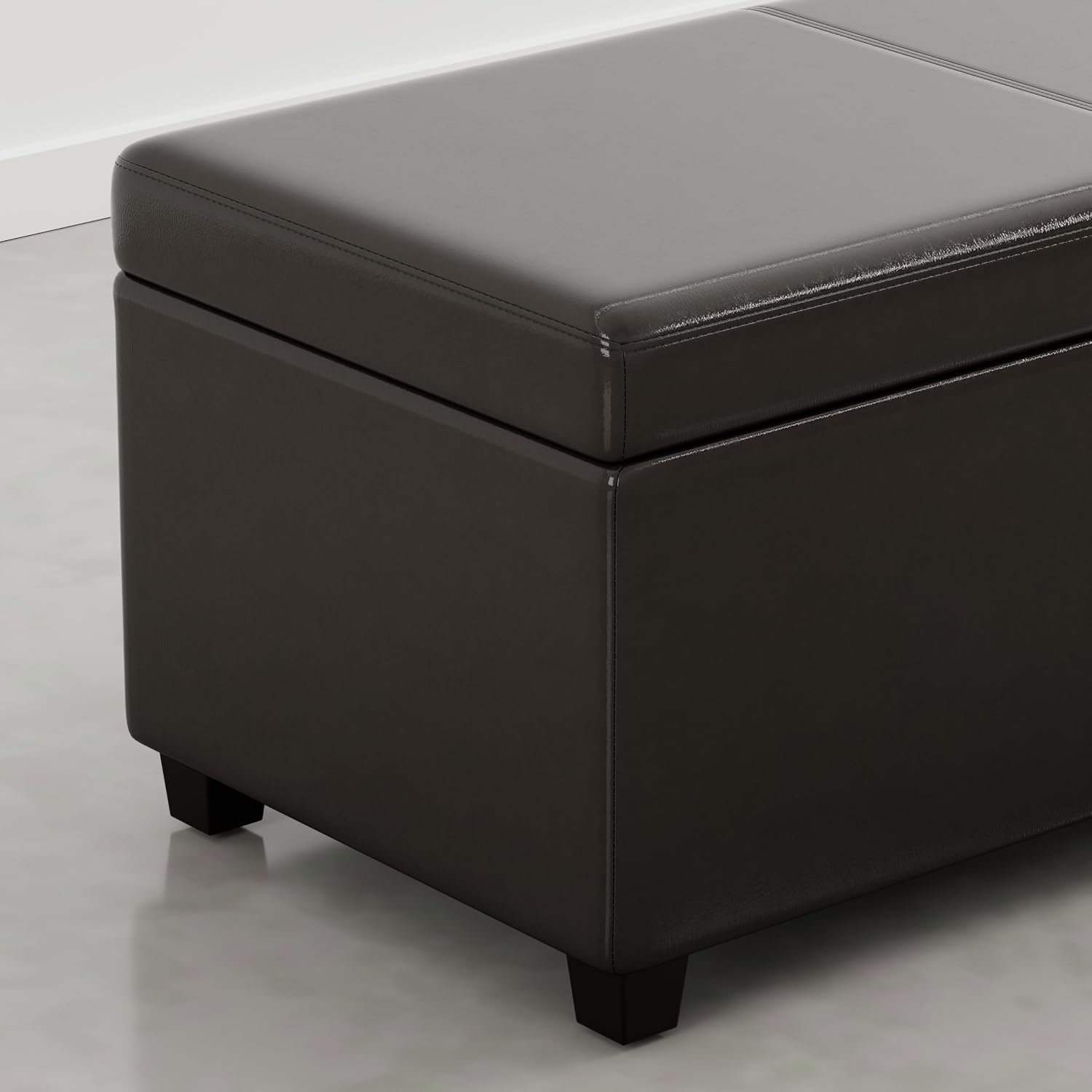 SIMPLIHOME Avalon 48" Wide Vegan Leather Storage Ottoman in Brown