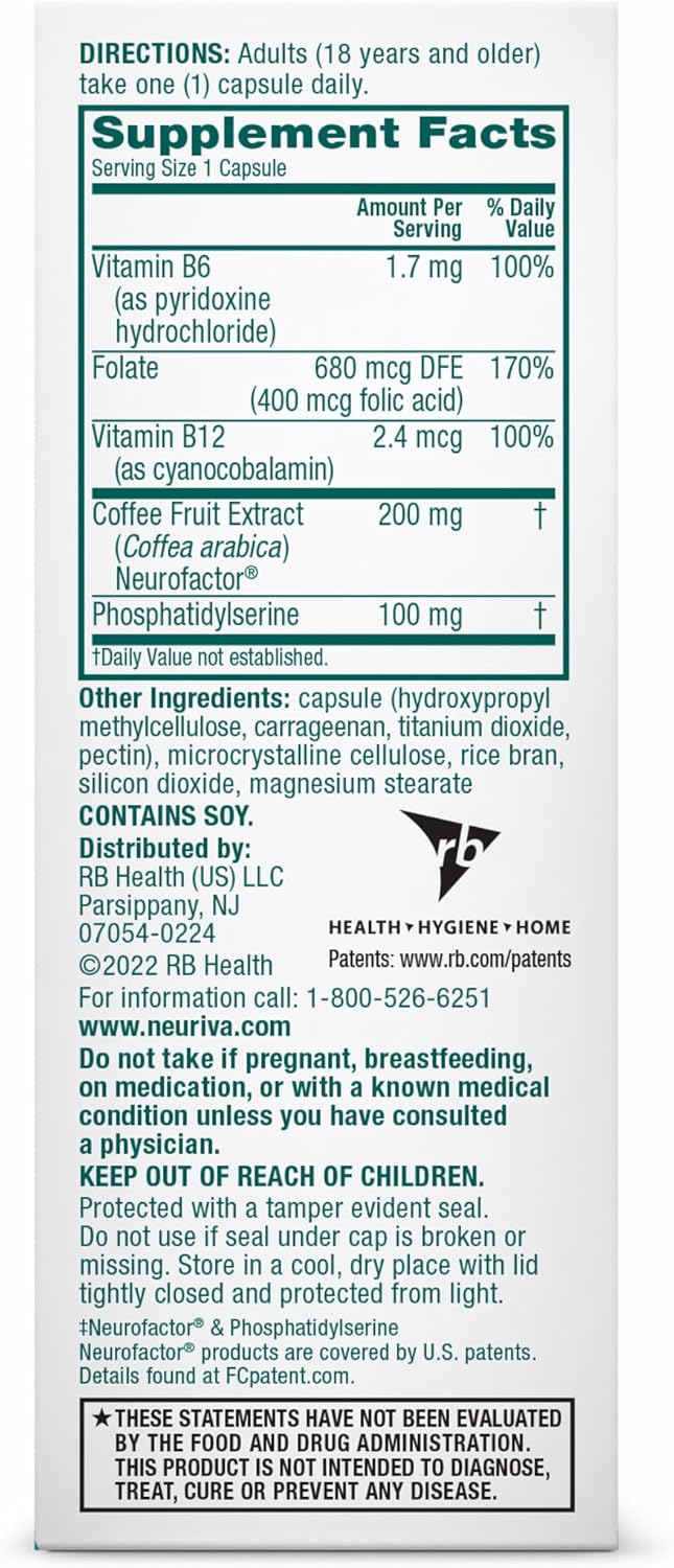 NEURIVA Plus Brain Supplements for Memory and Focus, Clinically Tested Nootropics Neurofactor and Phosphatidylserine, with Vitamin B12