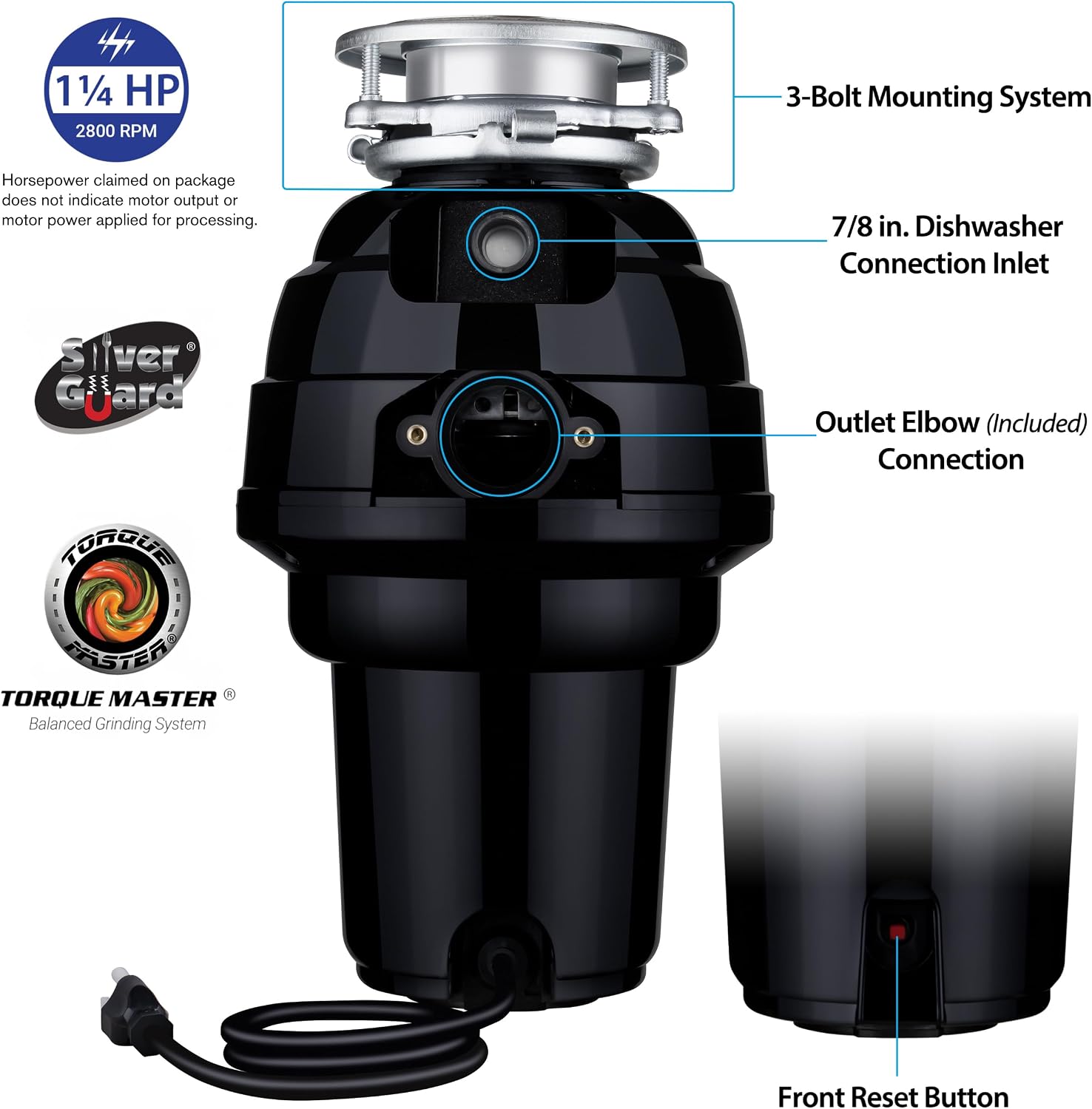 Waste Maid Garbage Disposal, Anti-Jam, Continuous Feed, 1/2 HP Standard | Anti-Jam Stainless Steel Food Waste Grinding System, Quiet Continuous Feed, Easy 3-Bolt Mount, 8-Yr Warranty 10-US-WM-158-3B