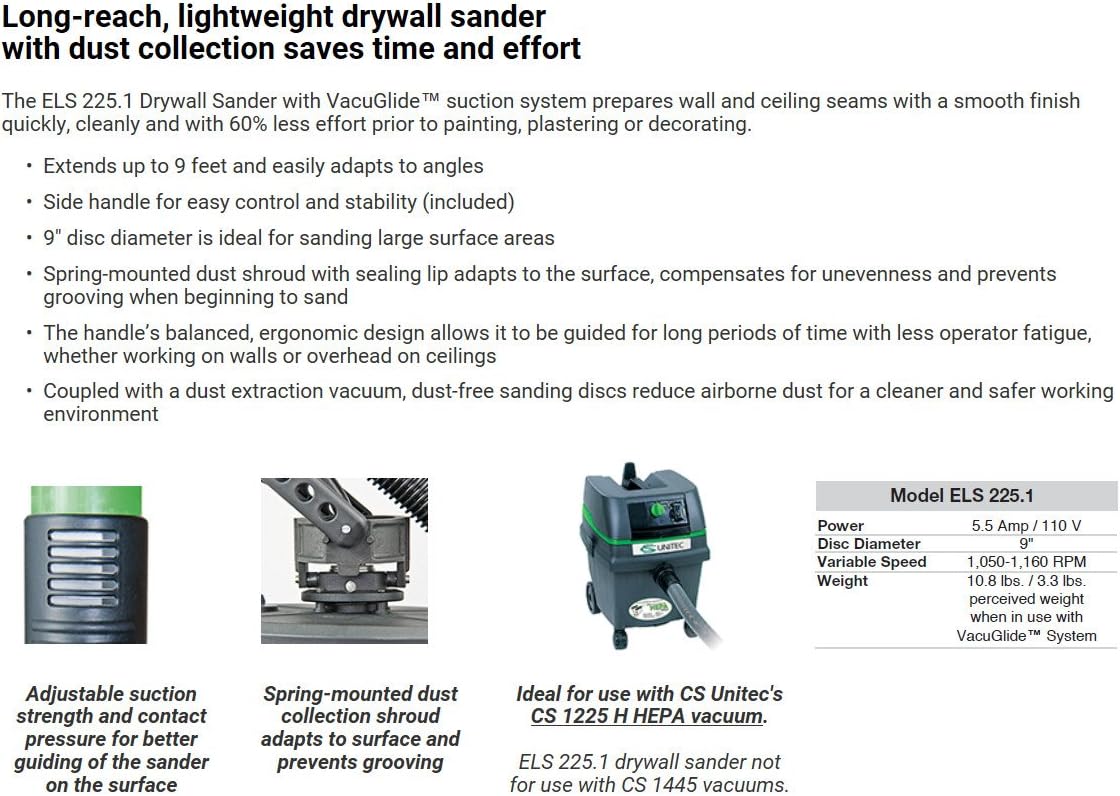 CS Unitec ELS 225.1 Long-Reach Drywall Sander, 9" Disc Diameter
