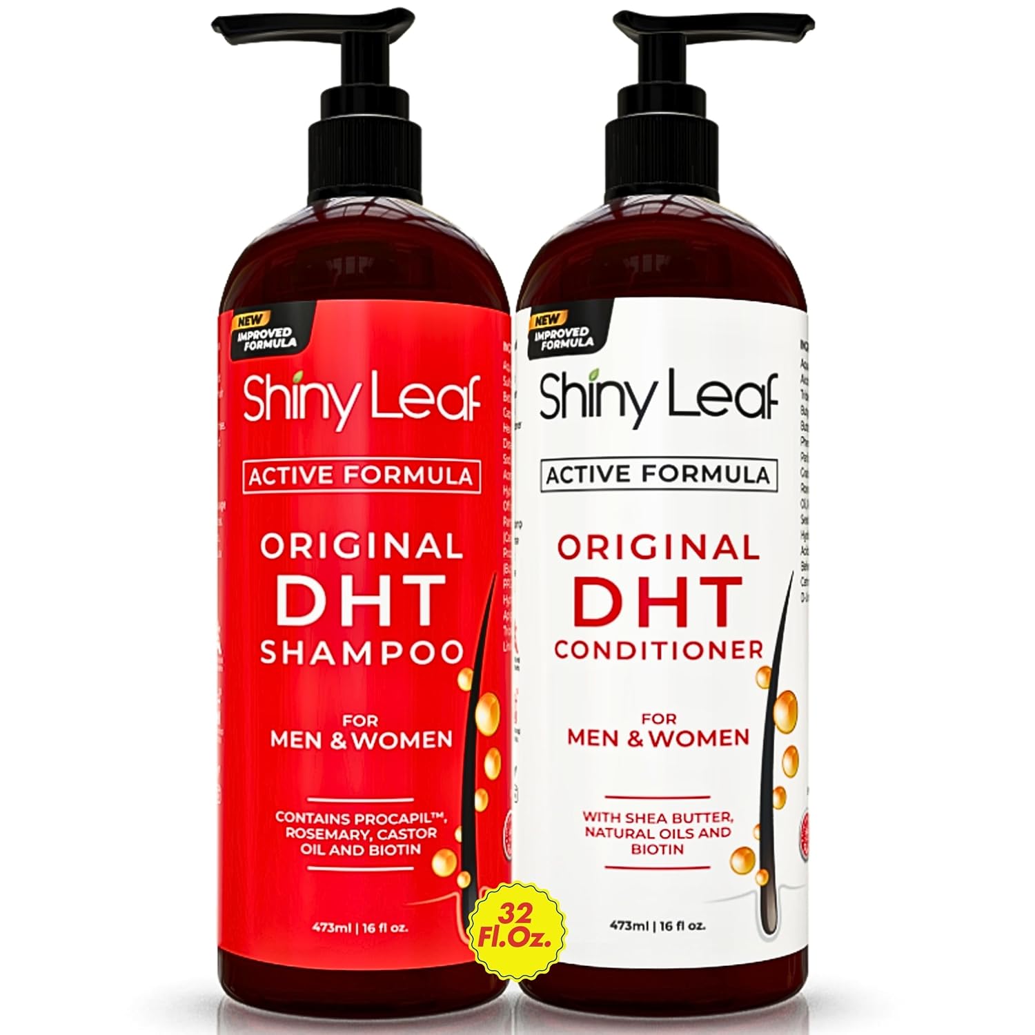 Shiny Leaf DHT Blocker Shampoo and Conditioner Set with Biotin, 2 x 16 oz | DHT blocker shampoo and conditioner with biotin, rosemary oil and asparagus extract for thinning hair. For men and women