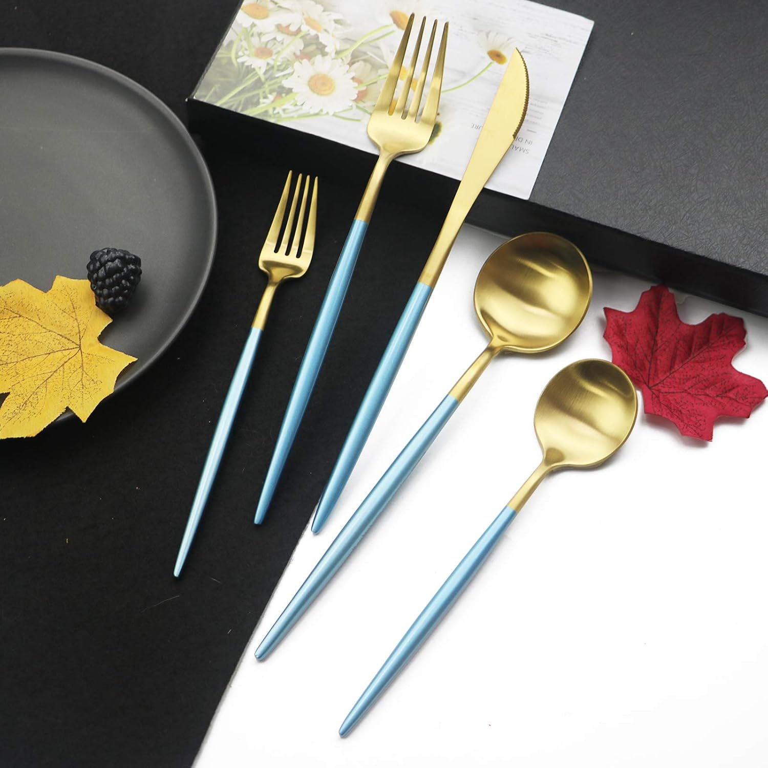 JASHII Luxury 18/10 Rainbow Flatware Set - 304 Stainless Steel Colorful Cutlery - 5-Piece Adaline Royal Modern Satin Finish for Birthday