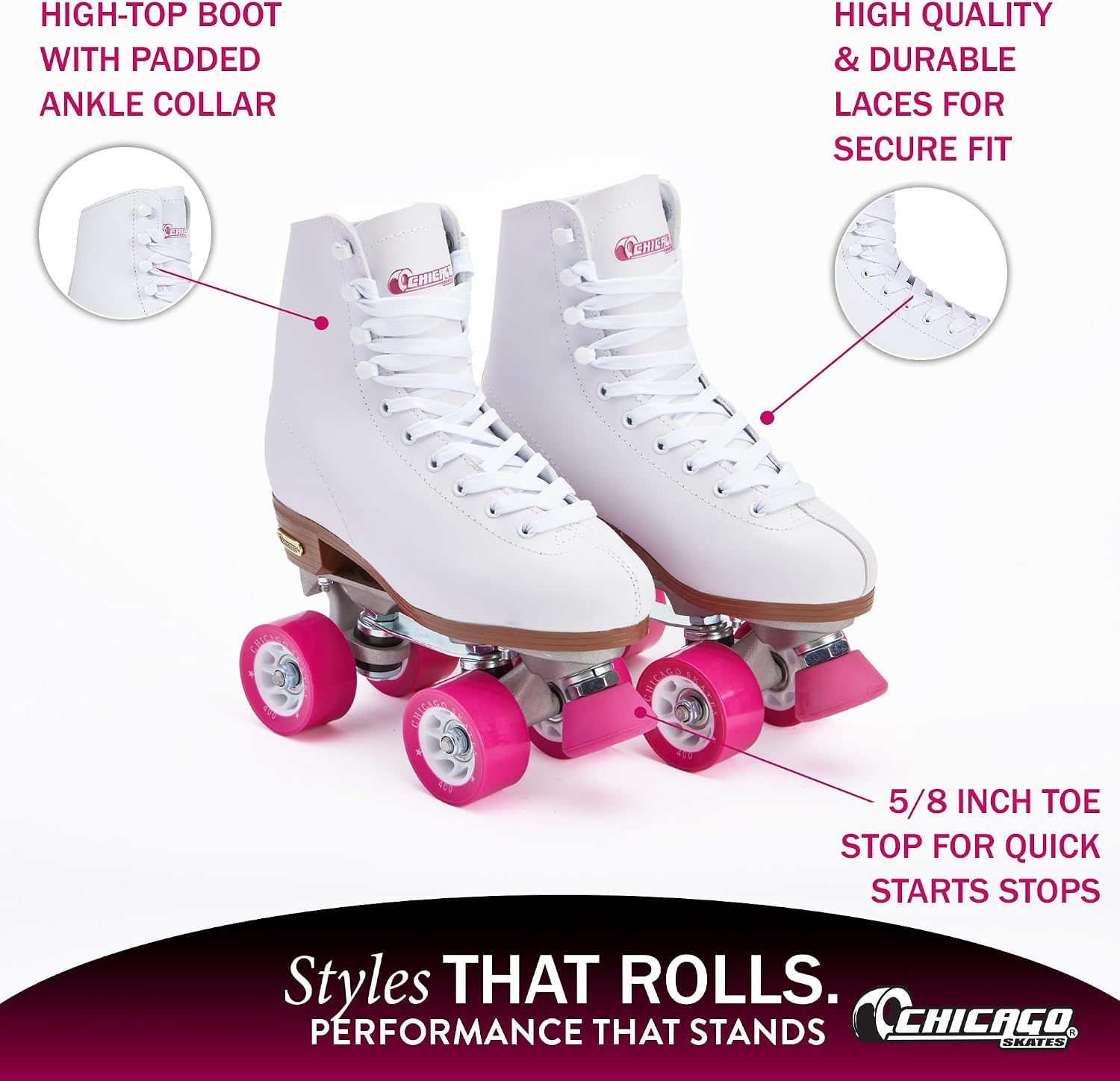 Chicago Skates Classic Quad Roller Skates for Women & Men – Durable & Top Performance, Adjustable High-Top Boots for Safe Indoor/Outdoor Roller Derby–60mm PU Wheels & Semi-Precision Bearings