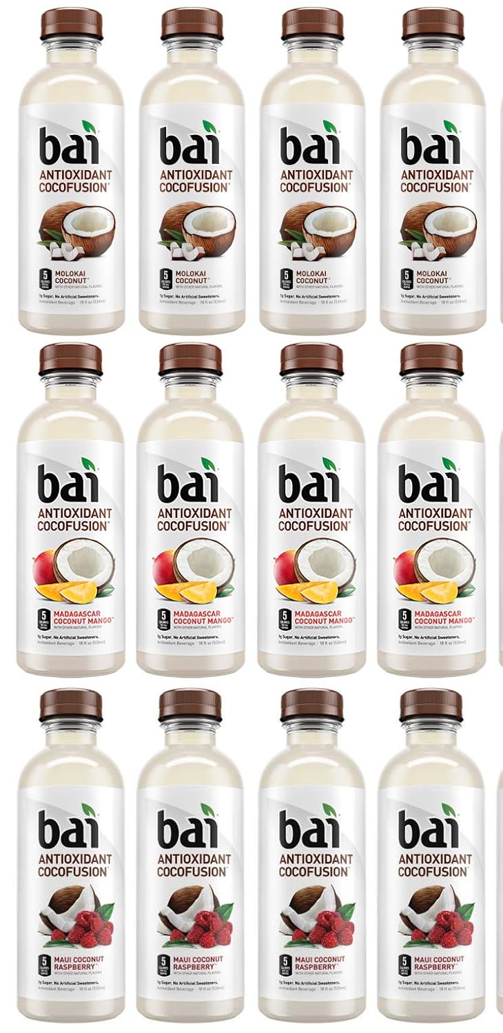 LUV-BOX Variety BAI ANTIOXIDANT Water pack, pack of 12, 18 fl oz, COCOFUSION MOLOKAI COCONUT, COCOFUSION MADAGASCAR COCONUT MANGO