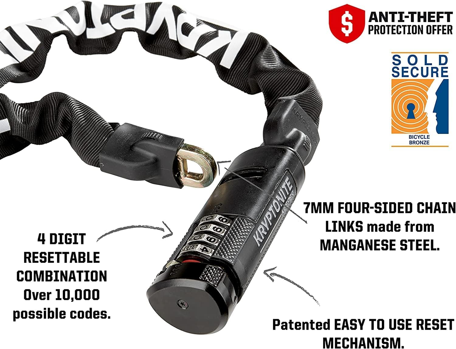 Kryptonite Keeper 712 Combo Bike Chain Lock, 4-Foot 7mm Steel Heavy Duty Anti-Theft Resettable Combination Chain for Bicycles, E-Bikes & Scooters