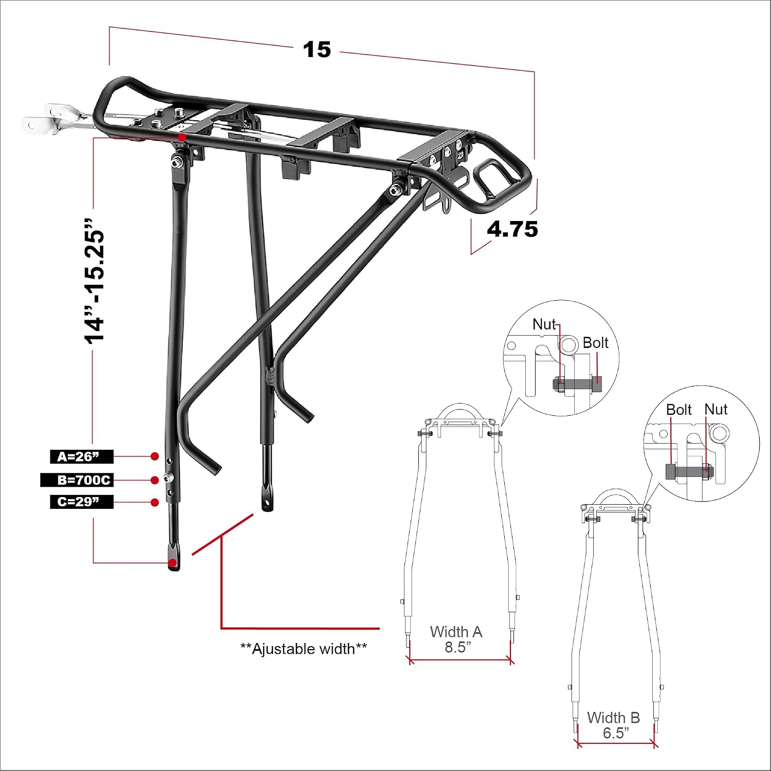 Ibera Bike Rack - Bicycle Touring Carrier Plus+ for Disc Brake/Non-Disc Brake Mount, Fat Tire Bikes, Frame-Mounted for Heavier Top & Side Loads, Height Adjustable for 26"-29" Frames