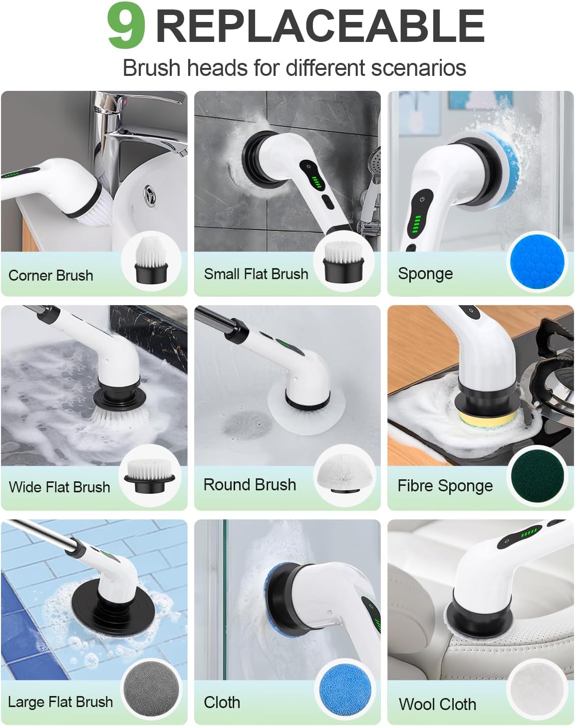 6-in-1 Cordless Electric Spin Scrubber with Long Handle | Power scrubber, bathroom scrubber, 47.2 in long handle, 2 speed scrub brush, IPX7 rated body, kitchen, tile, tub, floor