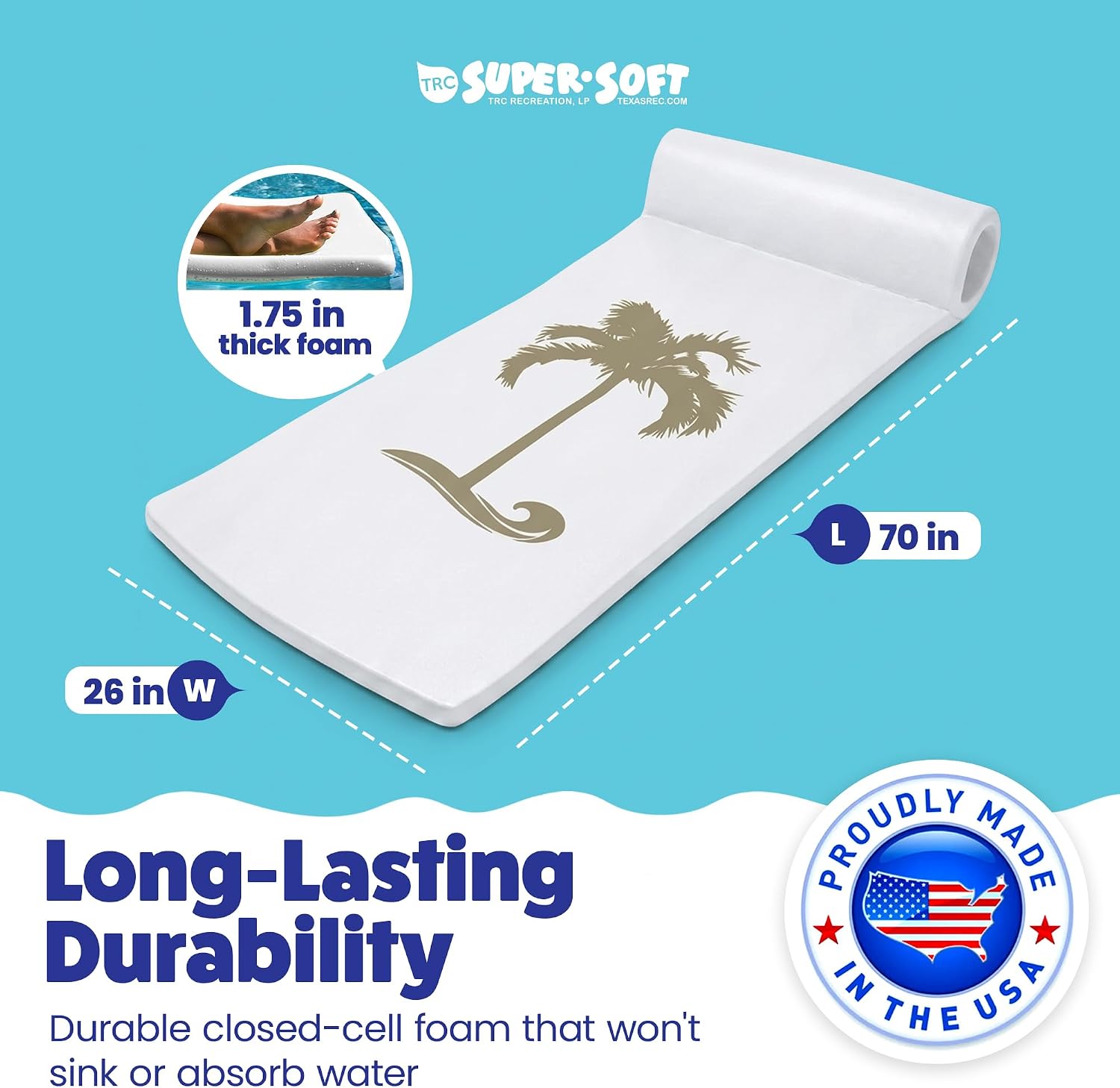 TRC Recreation Sunsation 1.75" Thick Foam Pool Float Lounger w/ Headrest for Lounging & Sunbathing in Swimming Pools, Beaches & Lakes, 70" x 26