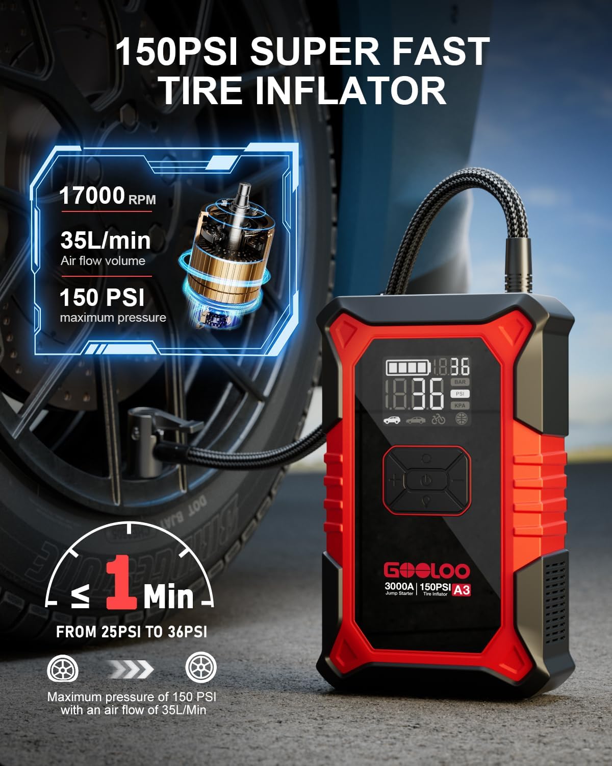 GOOLOO A3 12V 3000A Portable Jump Starter with Air Compressor | Supersafe Car Battery Booster Pack (9L Gas/6.5L Diesel) - BOOST for Dead Battery - 150 PSI Auto-Off Tire Inflator - LED Light