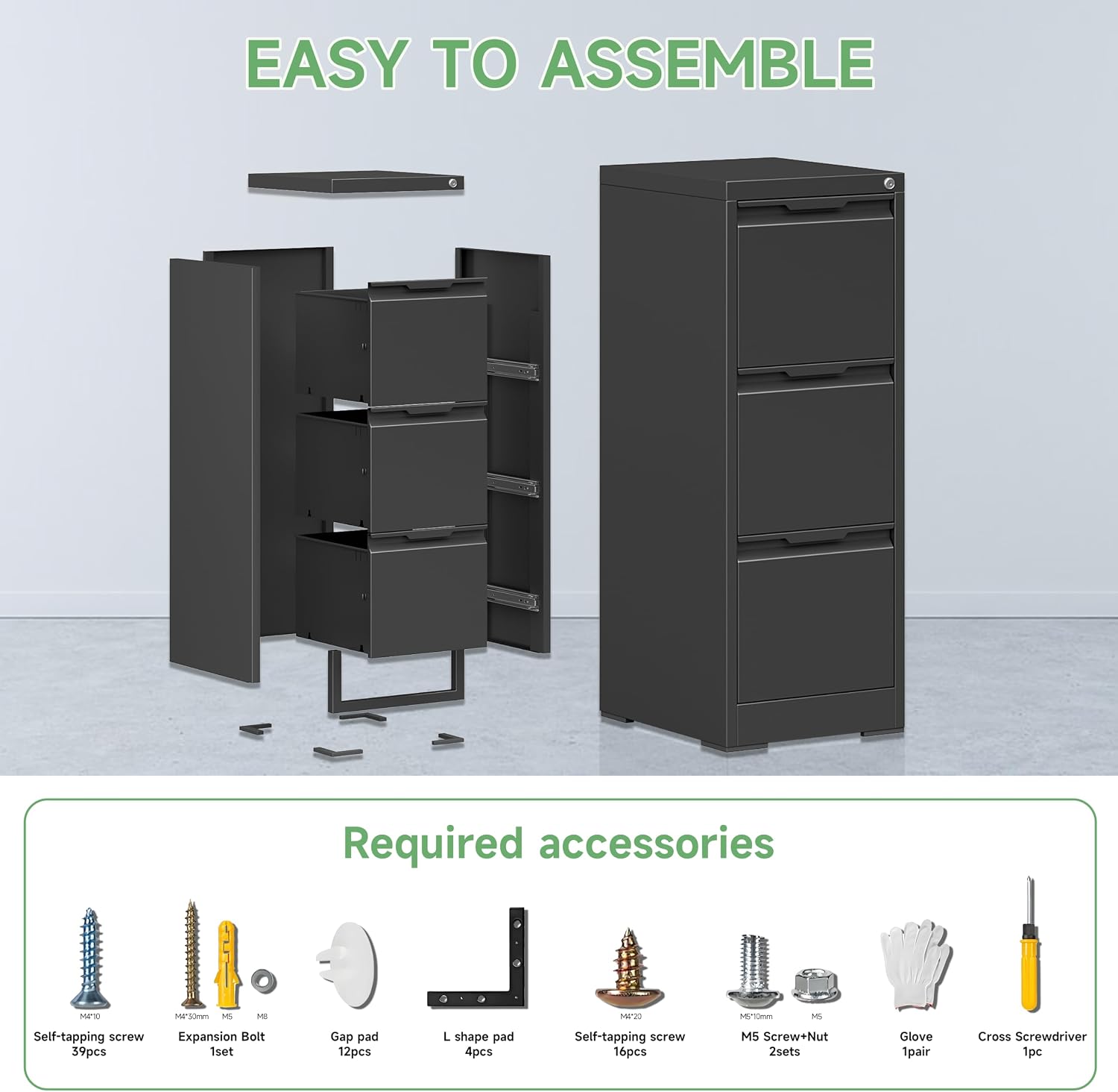 3 Drawer File Cabinet with Lock,Filing Cabinets for Home Office,Metal Small File Cabinet for Letters/Legal/A4 Size, Assembly Required,Black 3 Drawer-15 W
