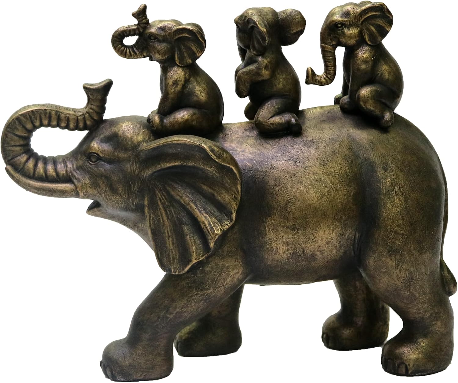 Nature's Mark 8" H 3 Baby Elephants Riding an Elephant Resin Statue Figurine Home Decorative Accent Decor (Brown)