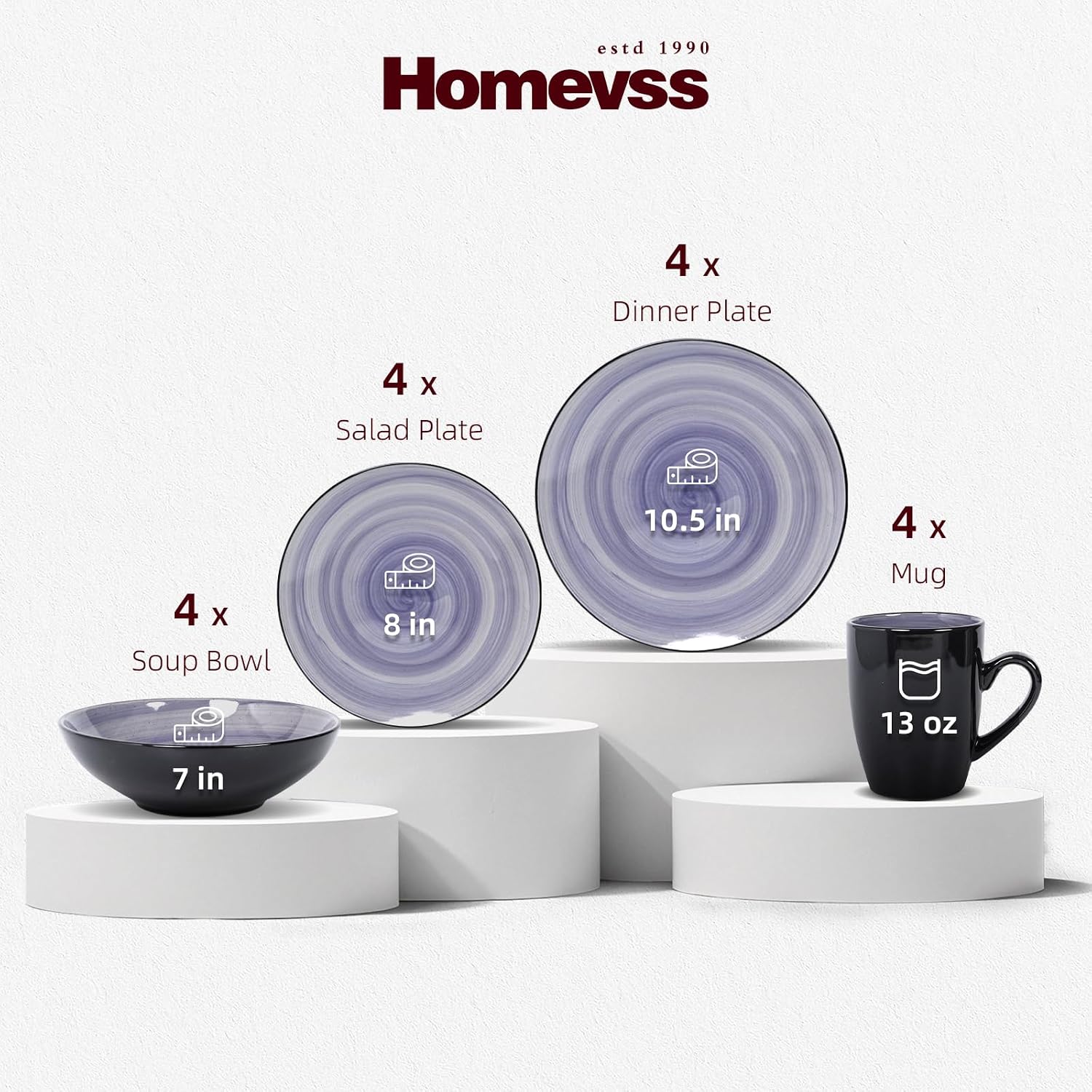 HomeVss, Sonoma Stoneware Dinnerware Set, Outside Black + Inside Hand Painting Color (16pc Set, Grey)