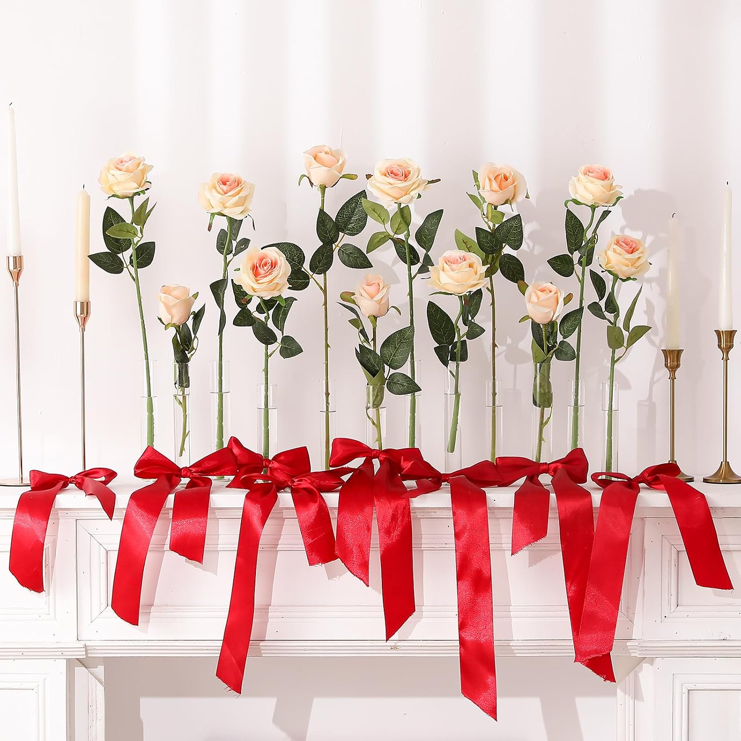 Hawesome 12PCS Artificial Silk Flowers Realistic Roses Bouquet Long Stem for Home Wedding Decoration Party (Yellow, 6 Flowers 6 Buds)