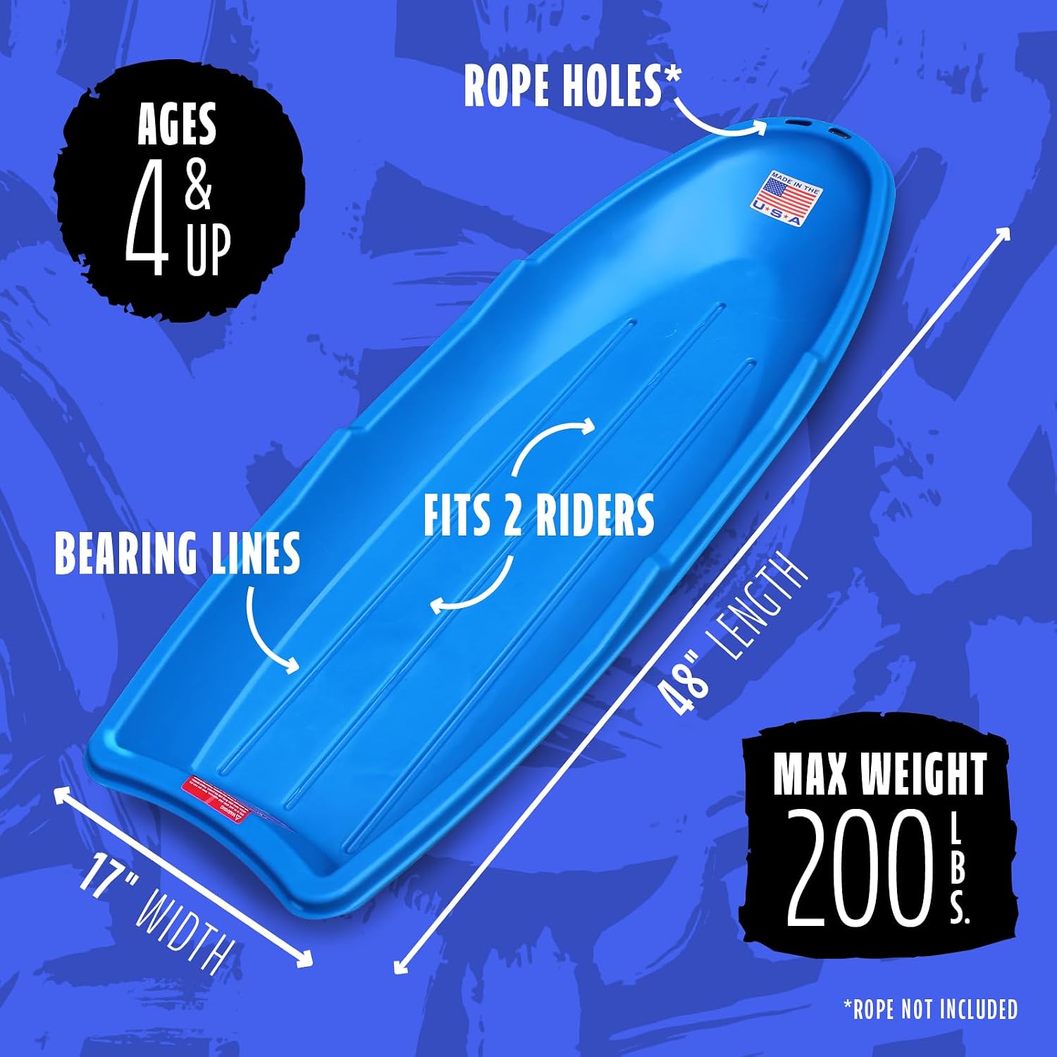 Flexible Flyer Winter Lightning Snow Sleds for Kids and Adults (3-Pack) - 48 Inch Toboggan Style Plastic Sled with Hard Bottom for Fast