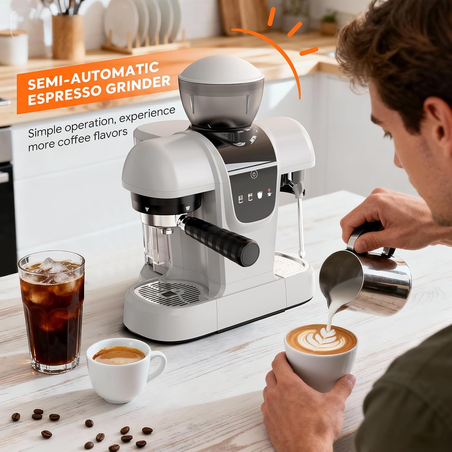 RECAFIMIL Semi-Automatic Espresso Machine with Grinder, 20 Bar, Compact Professional Coffee Maker with Milk Frother, Latte & Cappuccino