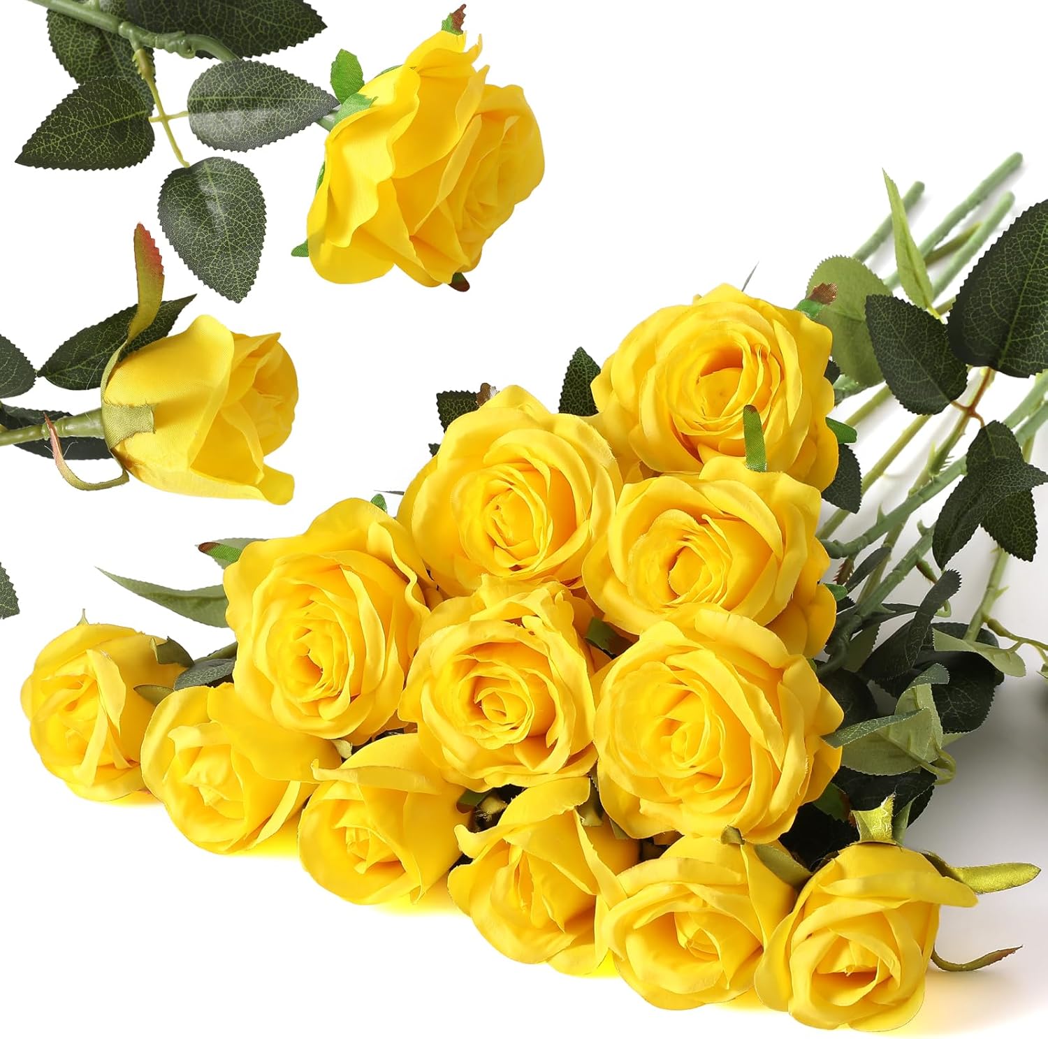 Hawesome 12PCS Artificial Silk Flowers Realistic Roses Bouquet Long Stem for Home Wedding Decoration Party (Yellow, 6 Flowers 6 Buds)