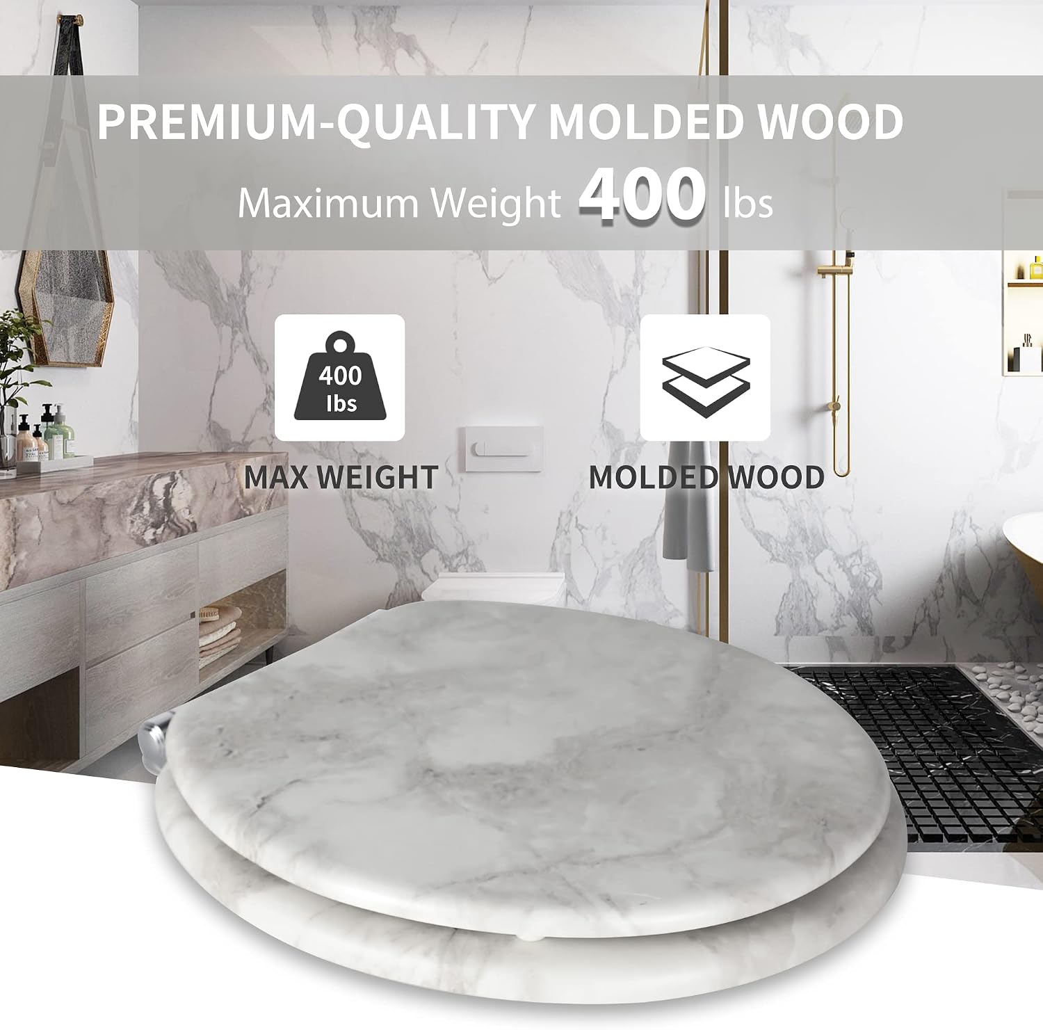 Angel Shield Marble Toilet Seat Durable Molded Wood with Quiet Close,Easy Clean，Quick-Release Hinges (Elongated,Black Marble)
