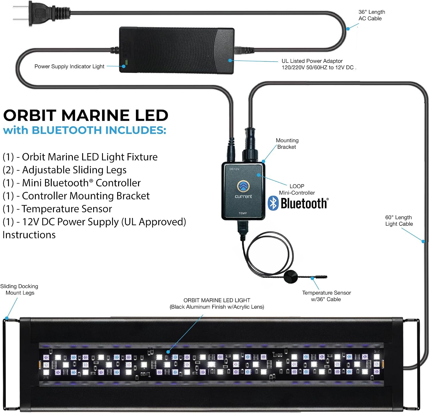 Current USA 24-36" Inch Orbit Marine LED Saltwater Reef Marine Aquarium Light | 24 Hour IR Lighting & eFlux Wave Pump Control | Adjustable Color Spectrum for Fish Tank (4101)