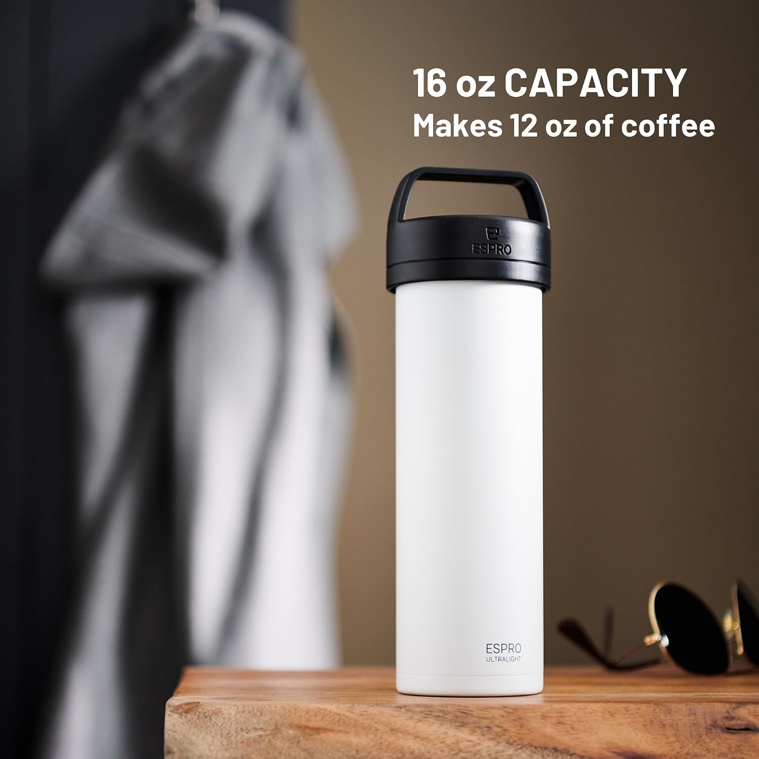 ESPRO Go P0 Ultralight French Press Coffee Maker for Travel, Vacuum Insulated Stainless Steel, 16 Ounces, Matte Meteorite Black