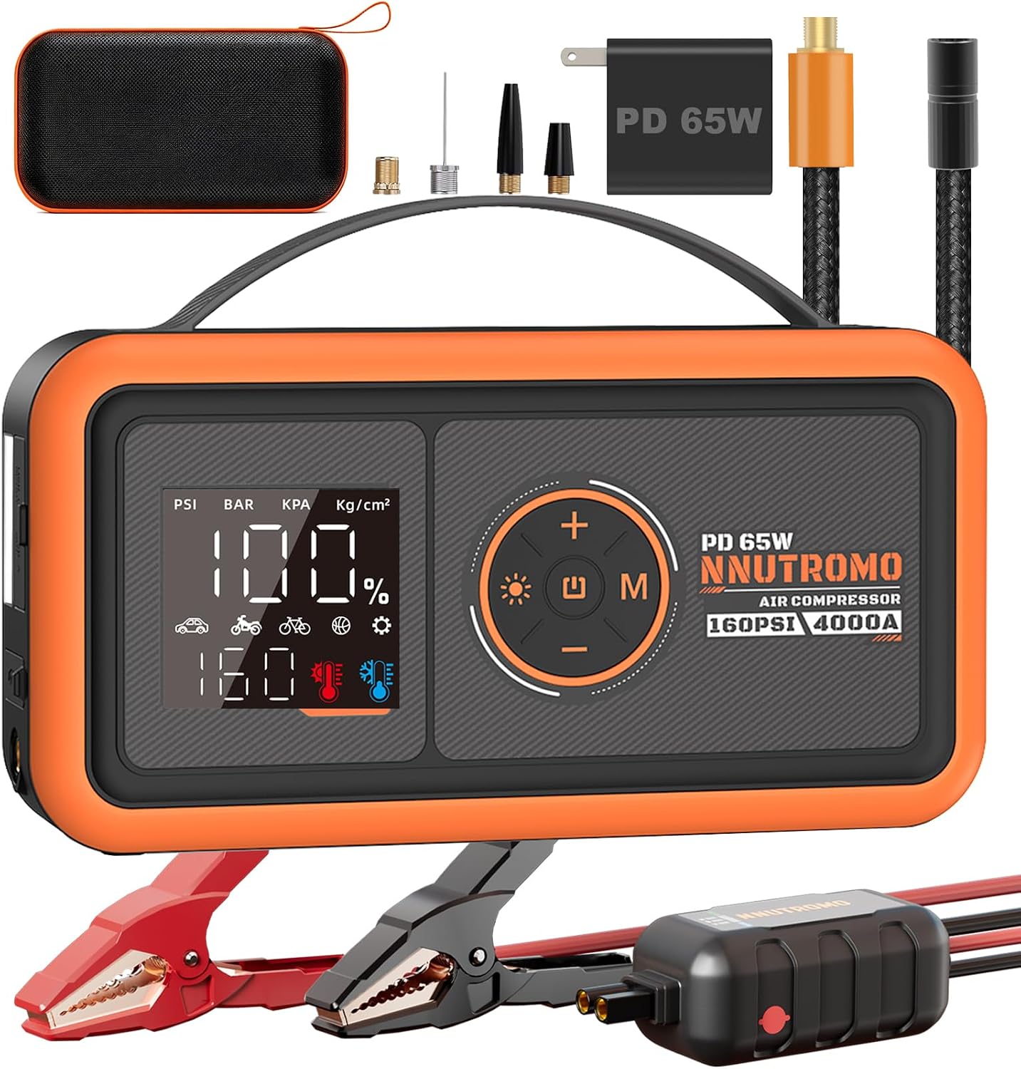 NUTROMO 4000A Jump Starter with Air Compressor, 65W USB-C Jump Box | True 24000mAh/88.8Wh, 160 PSI auto-stop inflator