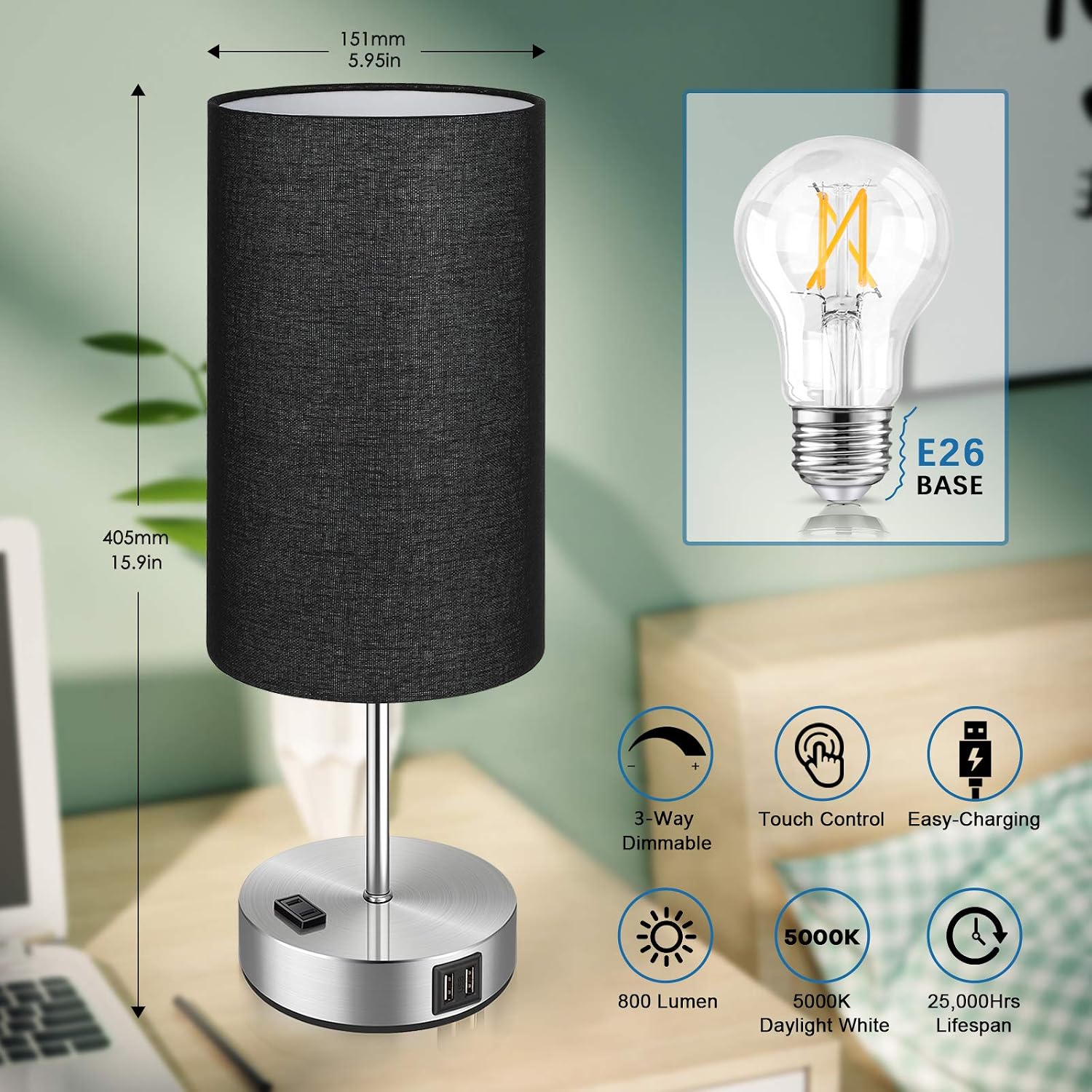Set of 2 Touch Control Table Lamps with 2 USB Charging Ports&AC Outlet