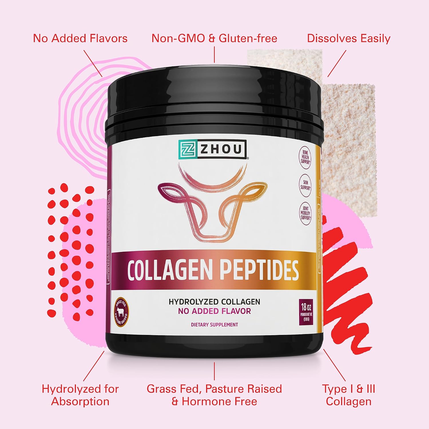 Zhou Collagen Peptides Supplement - 18 oz Jar (46 Servings) | Pure Hydrolized Collagen Powder for Women & Men, Grass Fed Natural Bovine for Skin