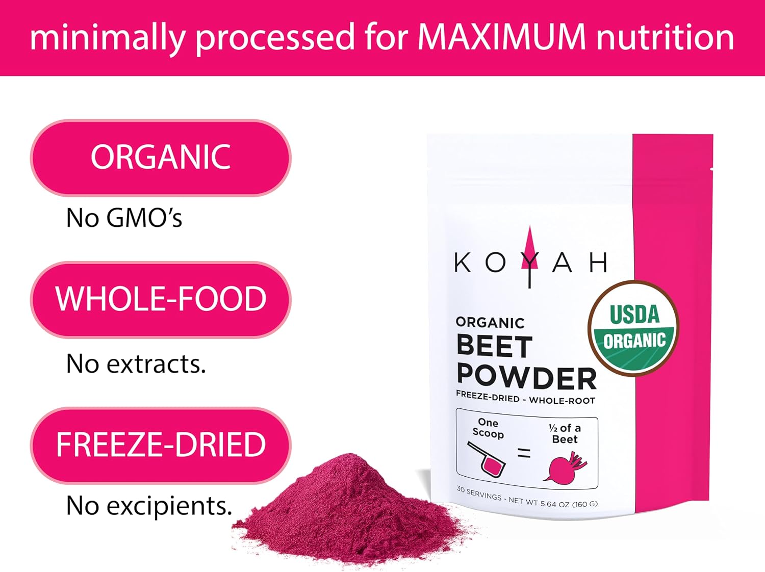 KOYAH - Organic Beet Powder, Freeze-Dried: 30 Servings | 1 Scoop = 1/2 Beet, Whole-Root Powder, 100% Pure Beetroot, No Additives