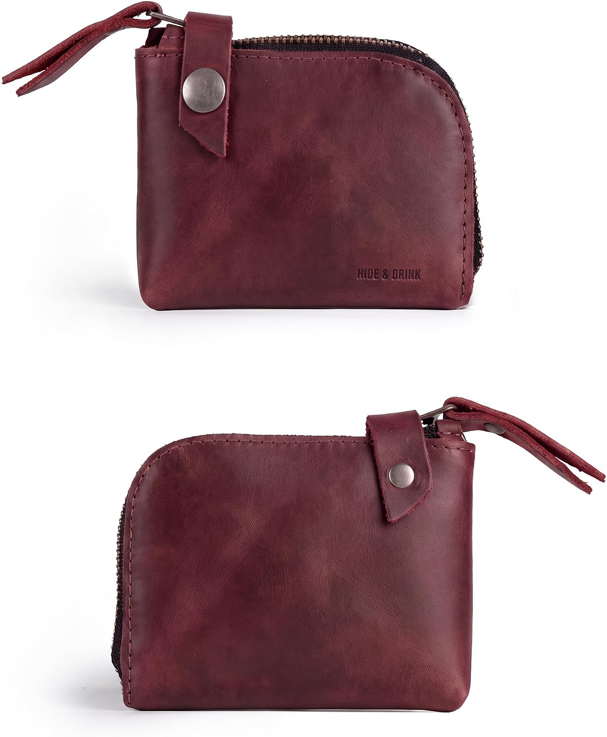 Hide & Drink, Leather Zippered Wallet, Holds Up to 6 Cards Plus Folded Bills, Pouch Organizer, Cash Holder, Travel Essentials, Mini, Pocket-Size, Handmade (Bourbon Brown)