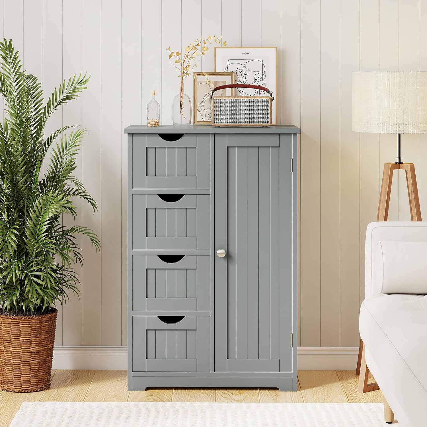 Giantex Storage Cabinet with 4 Drawers, Bathroom Storage Organizer with Cupboard, Adjustable Shelf, Anti-Toppling Device, Floor Cabinet, Entryway Storage Unit Console Table, White