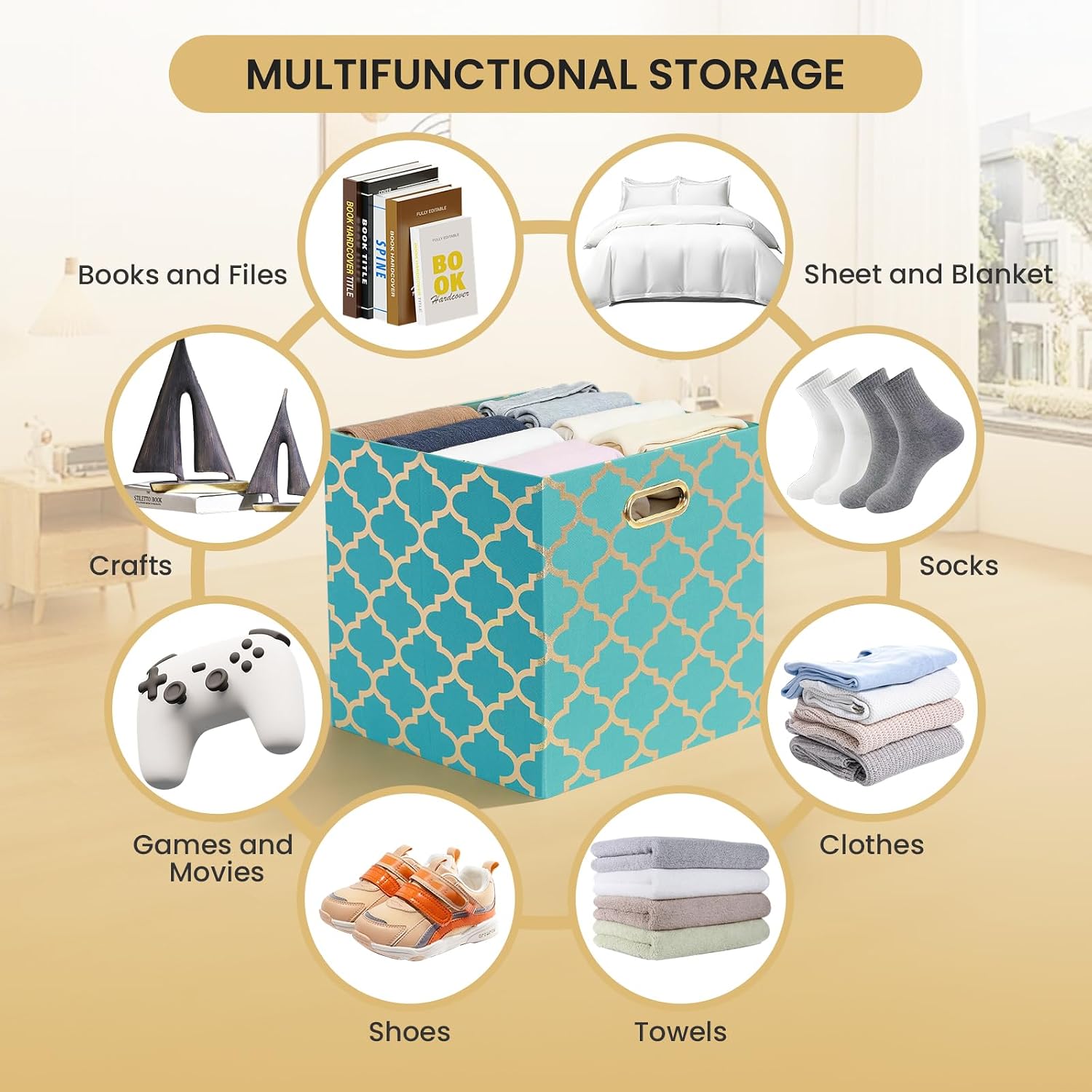 Posprica Storage Bins, Storage Cubes,13×13 Fabric Drawers Organizer Basket Boxes Containers (13×13×13/4pcs, Cream/gold geometry Pattern)