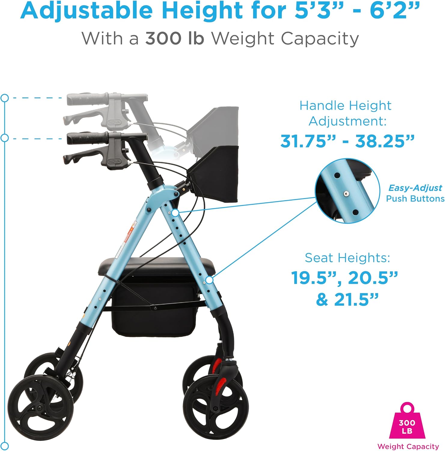 NOVA Star 8 Foldable Rollator Walker for Seniors (5'3"–6'2"), Wide Padded Backrest with Seat, 8” All-Terrain Wheels, Easy-Grip Locking Hand Brakes, Height Adjustable, Sky Blue