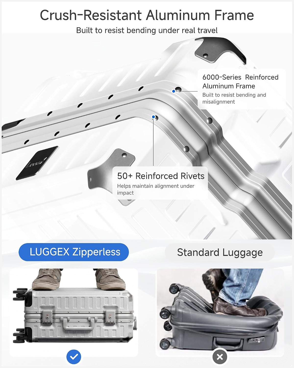 LUGGEX Zipperless Checked Suitcase, Aluminum Frame, Charcoal Metallic, 28" | Checked Luggage, 100% PC Hard Shell, 8010S Aluminum Frame, 8 Spinner Wheels, TSA Lock, Hard Shell, ZX-Core