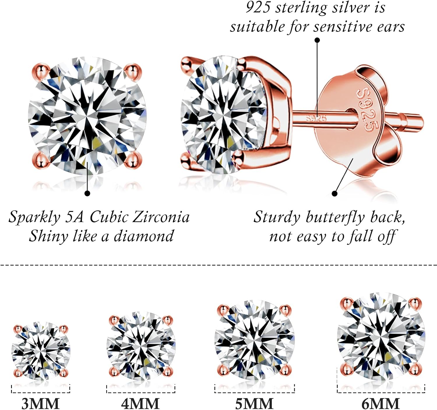 925 Sterling Silver Stud earrings Set | White Gold Plated Hypoallergenic Stud Earrings | Cubic Zirconia Stud Earrings for Women (2mm, 3mm, 4mm, 5mm