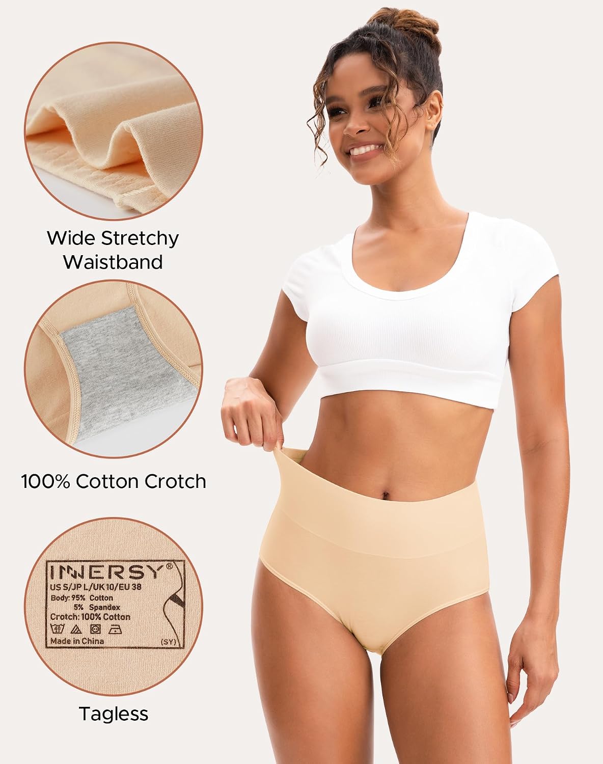 INNERSY Women's High Waisted Underwear Cotton Panties Regular & Plus Size 5-Pack