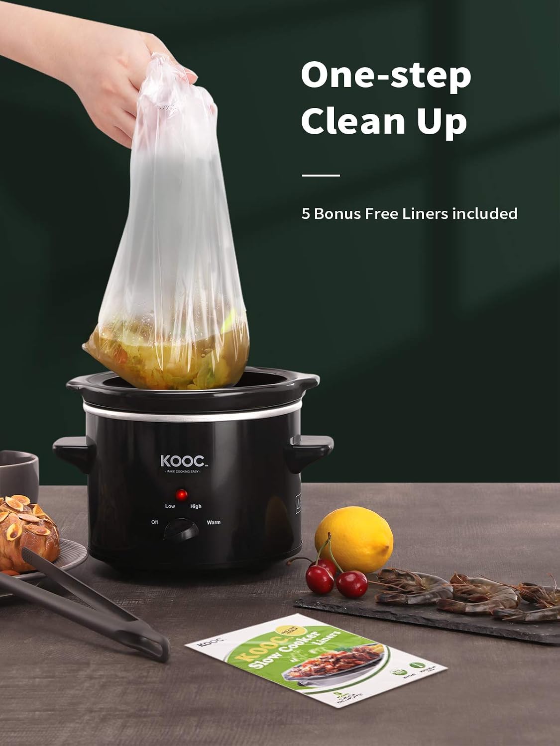 KOOC Small Slow Cooker, 2-Quart, Free Liners Included for Easy Clean-up, Upgraded Ceramic pot, Adjustable Temp, Nutrient Loss Reduction