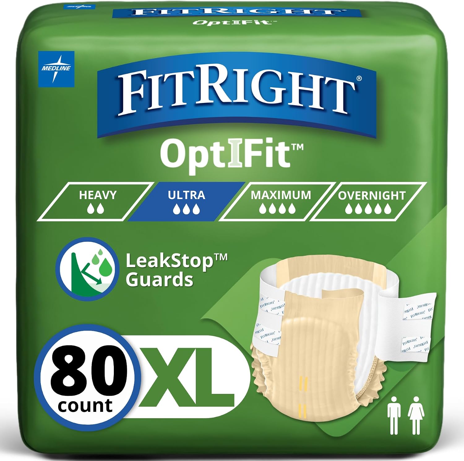 FitRight Ultra Adult Diapers, Disposable Incontinence Briefs, Leak-Proof Diaper, Absorbent Briefs For Men and Women, Maximum Protection, Medium, 32 – 44 in, 20 briefs per bag