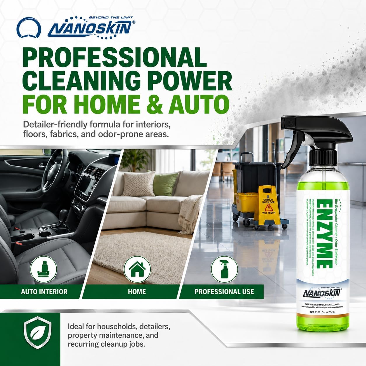 Nanoskin ENZYME Bio-Enzymatic Cleaner & Odor Eliminator 1 Gallon - Fragrance-Free Multi-Surface Cleaner for Organic Stains, Pet Accidents, Food Spills, Light Grease & Grime | Auto, Kitchen & Bath