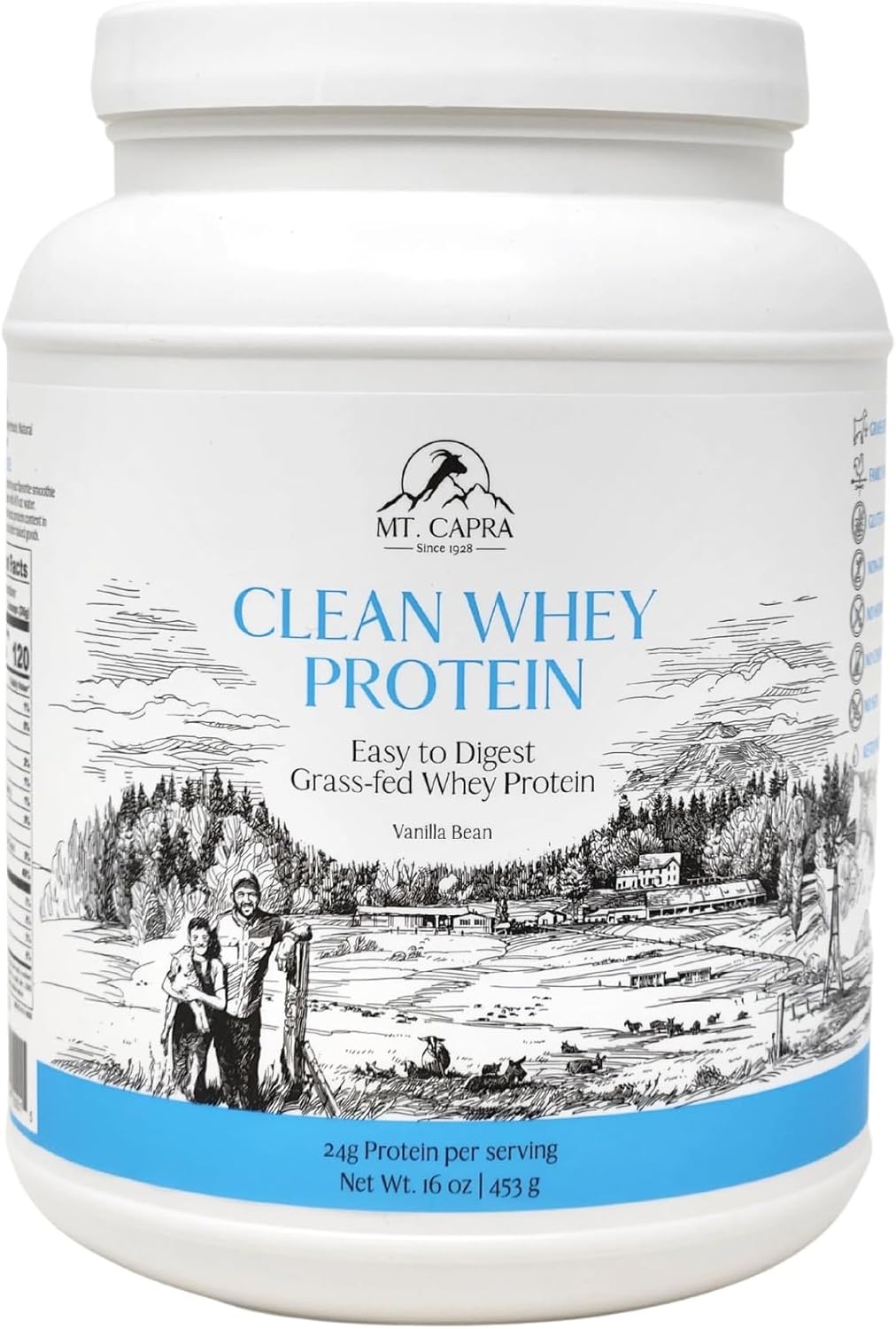 Mt. Capra Clean Whey Protein | Grass-Fed Undenatured Goat Whey Protein Powder | 24 g Protein Per Serving, All Natural, Non-GMO, High in Branch Chain Amino Acids | Unsweetened | 15 Servings - 16 oz