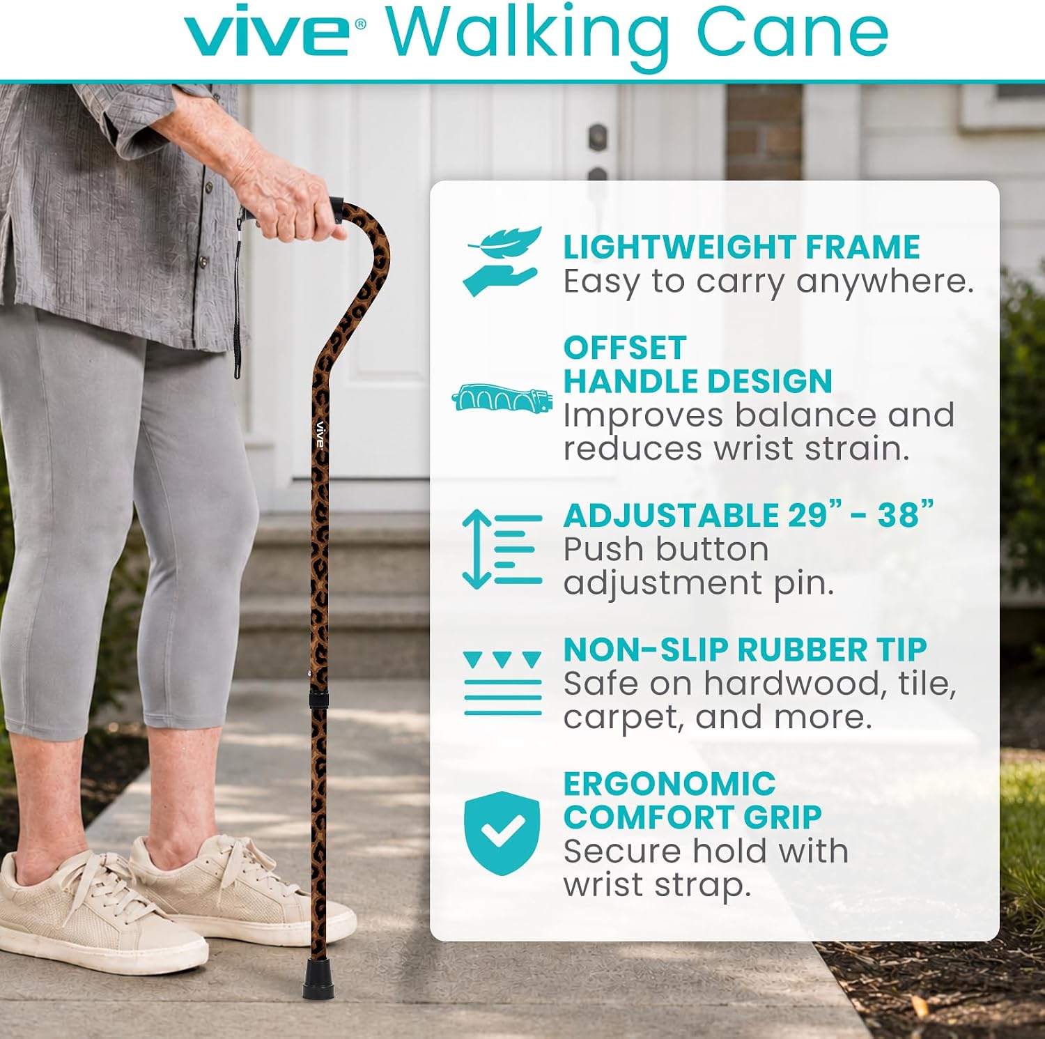 Vive Walking Cane for Women, Men, Elderly - Patented Offset Grip - Lightweight Adjustable Walking Aid with a Non-Slip Tip - Sturdy Balancing Mobility Aid for Seniors