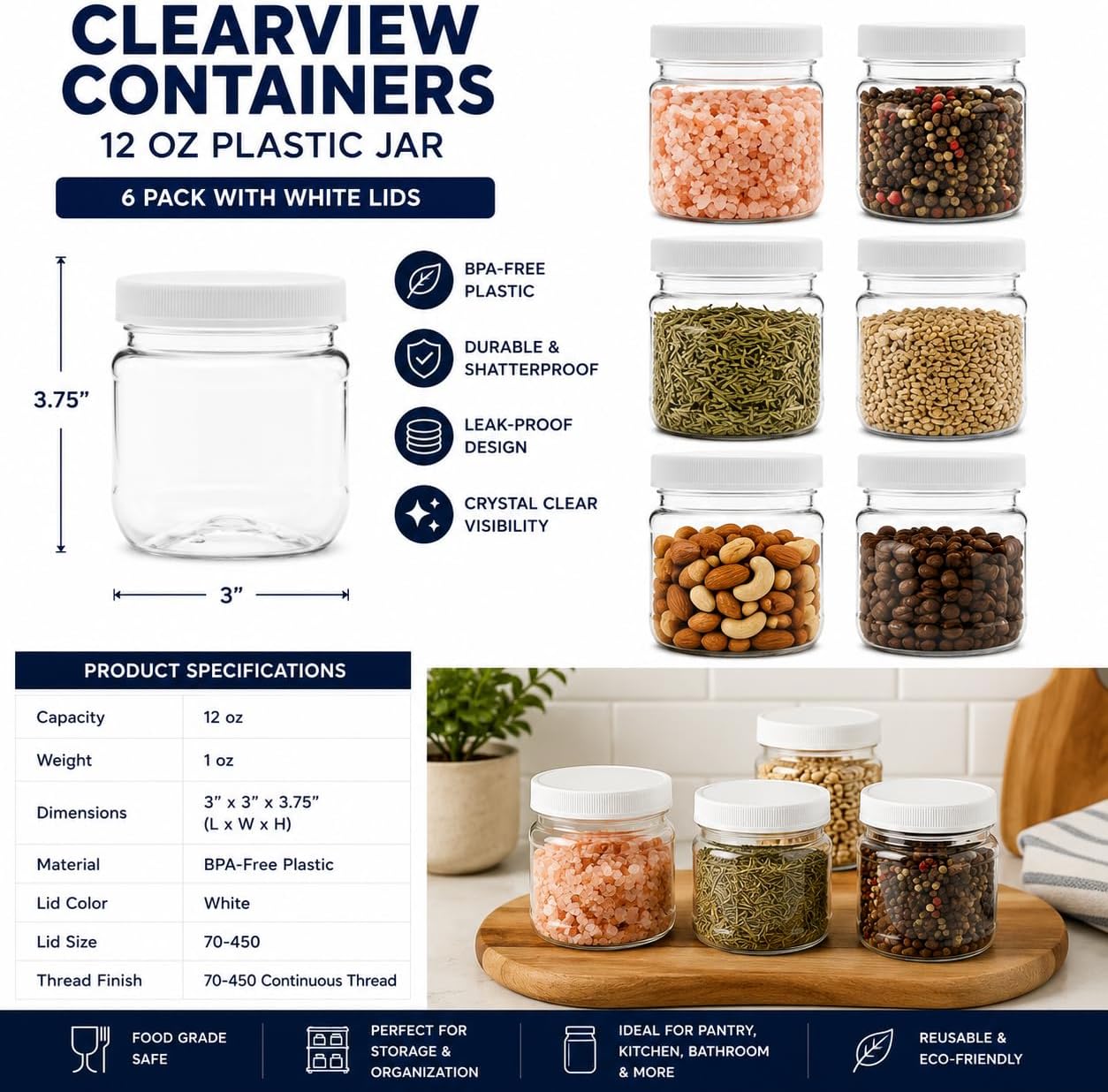 1 Pack - 128 oz (1 Gallon) Plastic Storage Jars with 110-400 Leak Proof Black Lids, Food Grade, BPA Free, Hand Wash Only (128oz, BLK, 1PK)