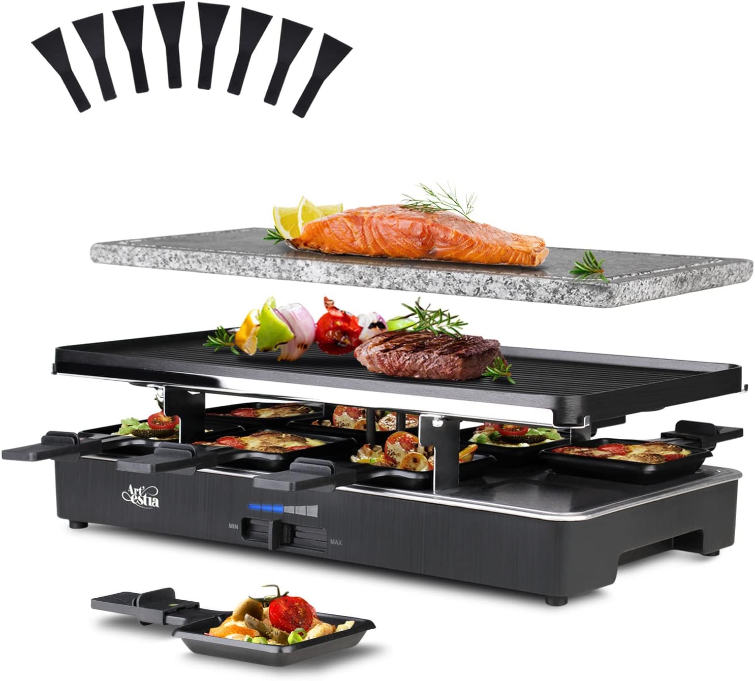 Artestia 1700W Raclette Electric Party Grill for 6–8 People | Korean BBQ Table Grill & Raclette Cheese Melting Grill, Nonstick & Granite Plates