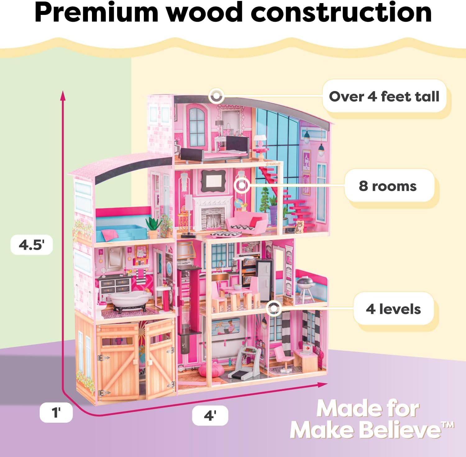 KidKraft Wooden Dollhouse Shimmer Mansion for 12" Dolls | Over 4 Feet Tall, Garage, For 12-Inch Dolls, DIY Pink Doll House, Gift for Ages 3+