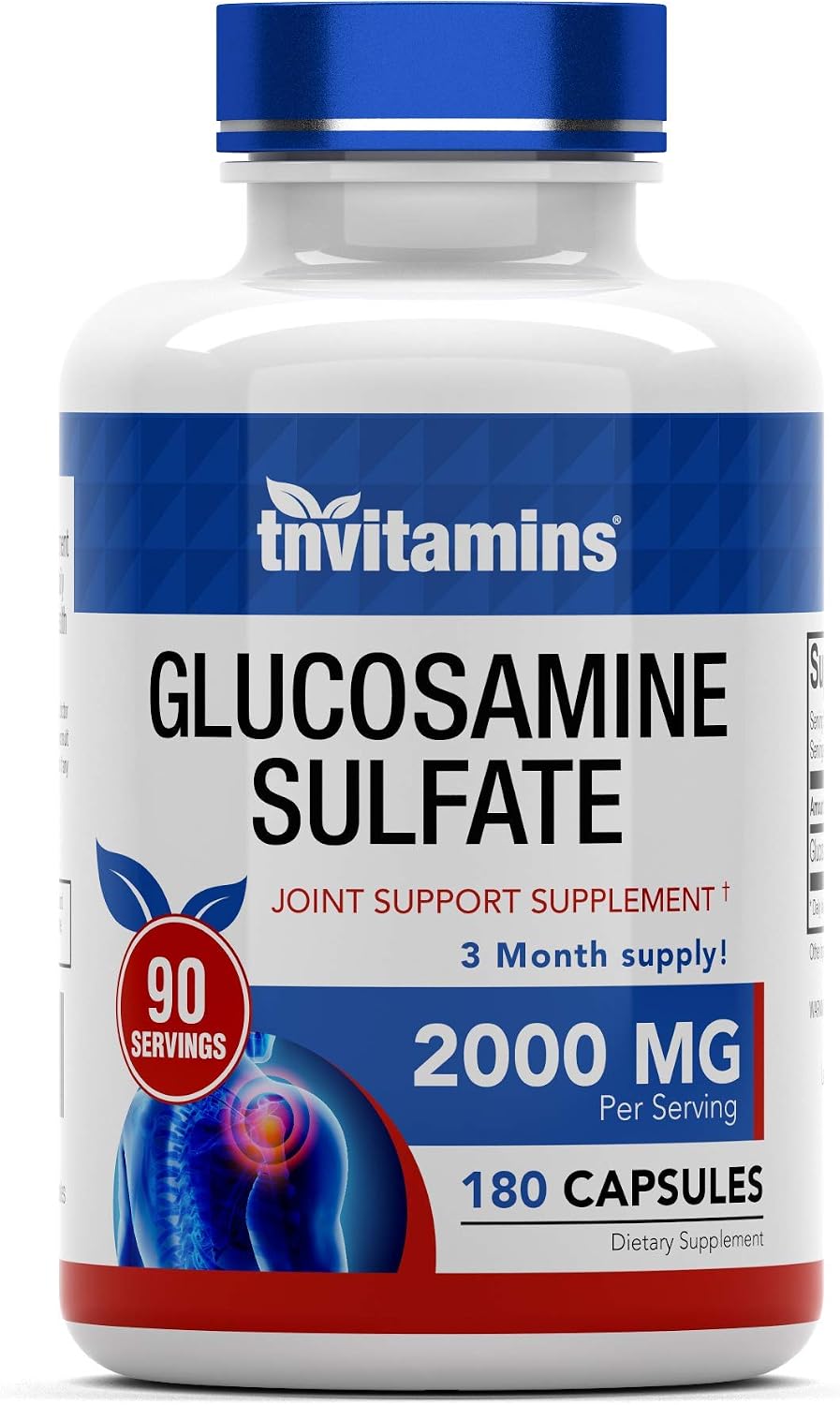 tnvitamins Glucosamine Sulfate Capsules 2000 MG (180 Count) | Joint Support* Supplement for Women & Men | Produced in The USA | Promotes Flexibility